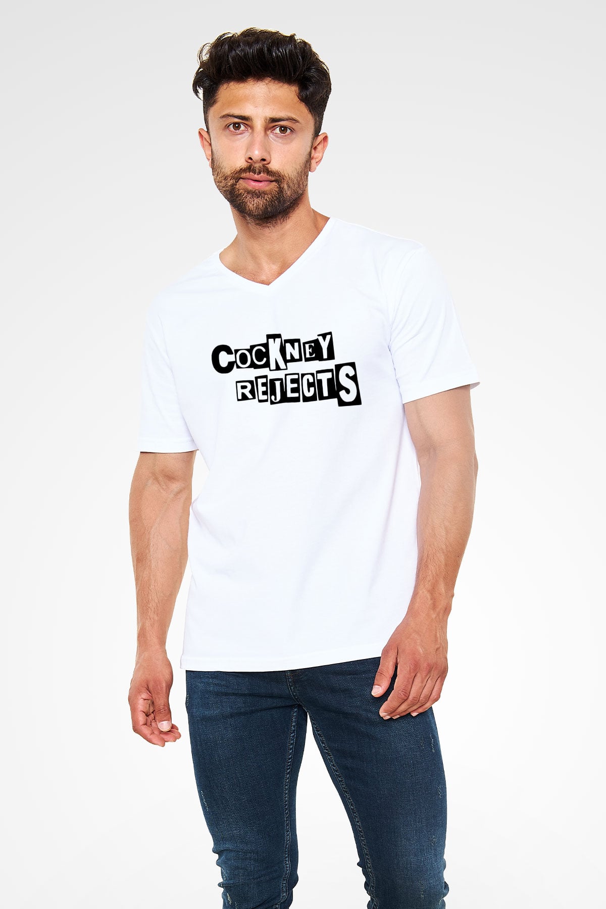 Cockney Rejects Baskılı Beyaz Unisex V Yaka Tişört - Tshirt