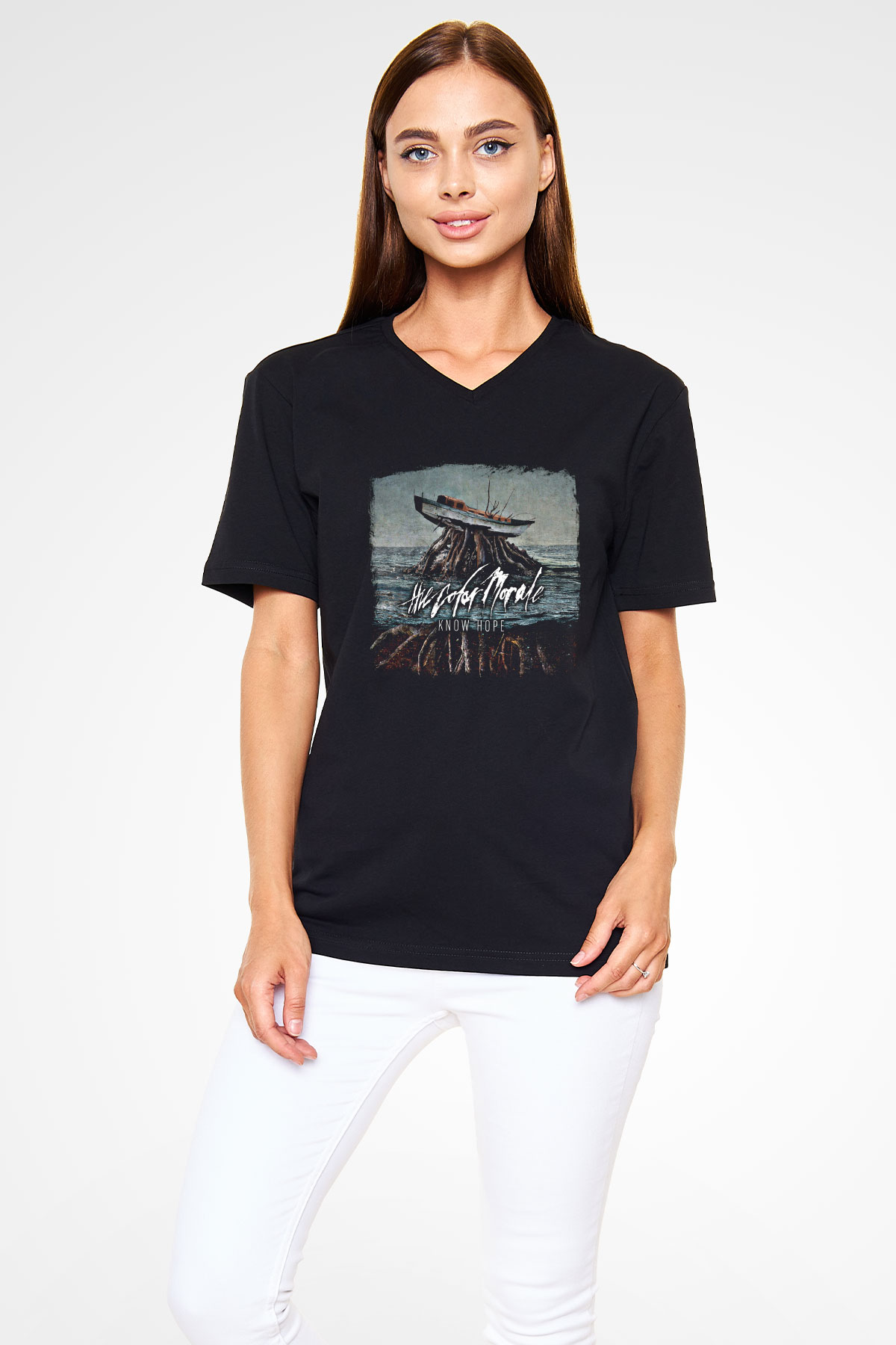 Color Morale Baskılı Unisex Siyah V Yaka Tişört