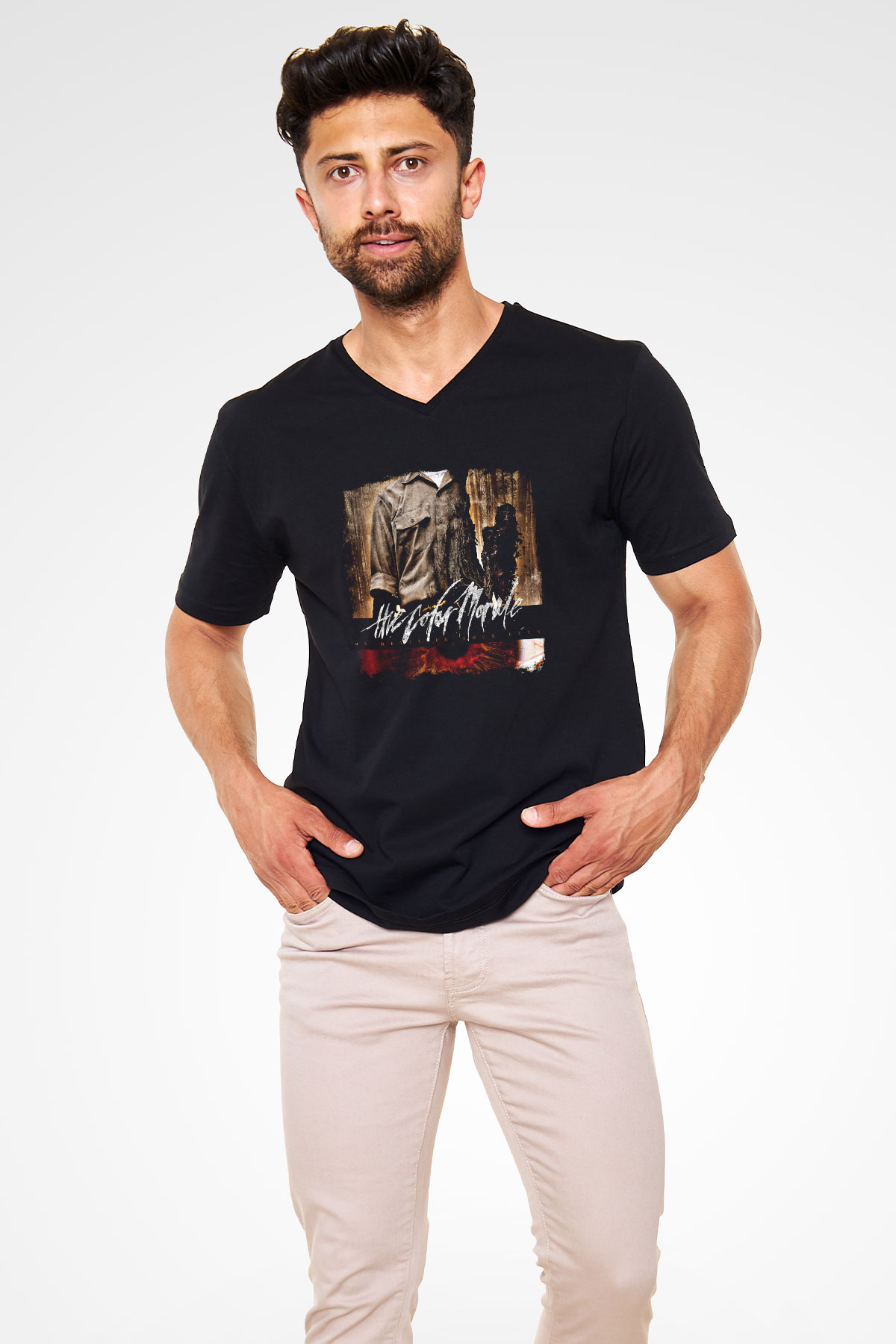 Color Morale Baskılı Unisex Siyah V Yaka Tişört