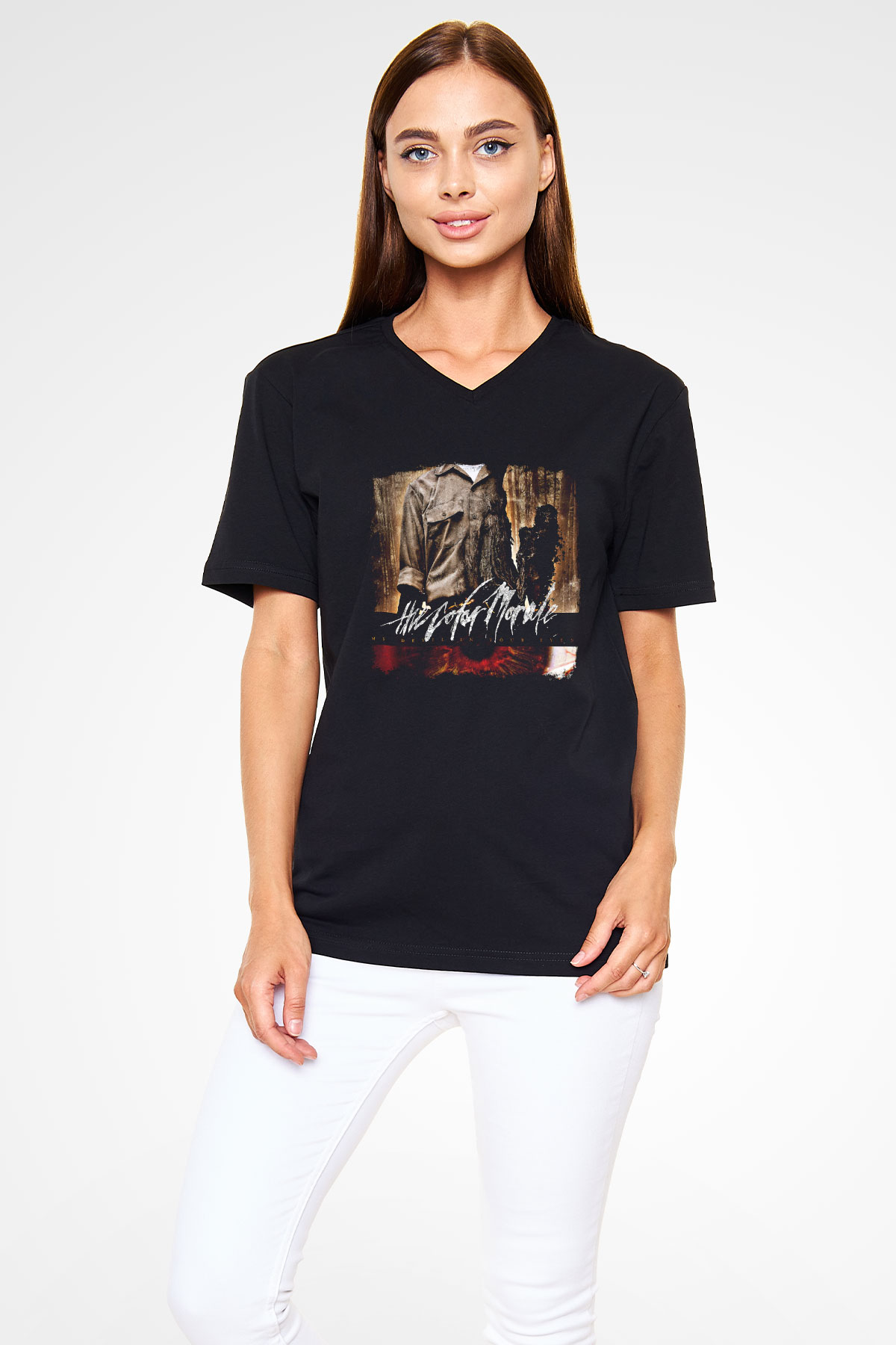 Color Morale Baskılı Unisex Siyah V Yaka Tişört