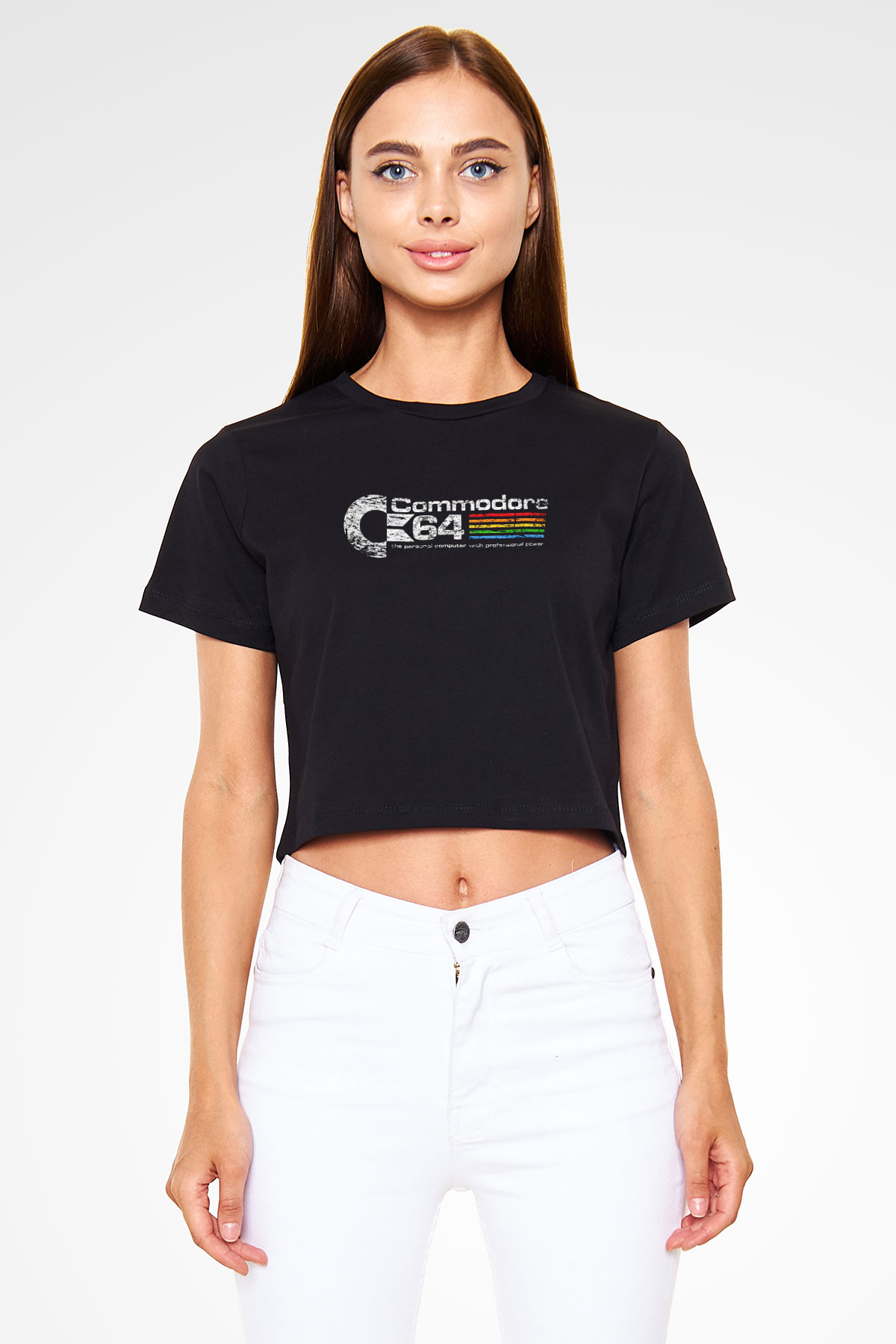 Commodore 64 Baskılı Siyah Crop Top Kadın Tişört - Tshirt