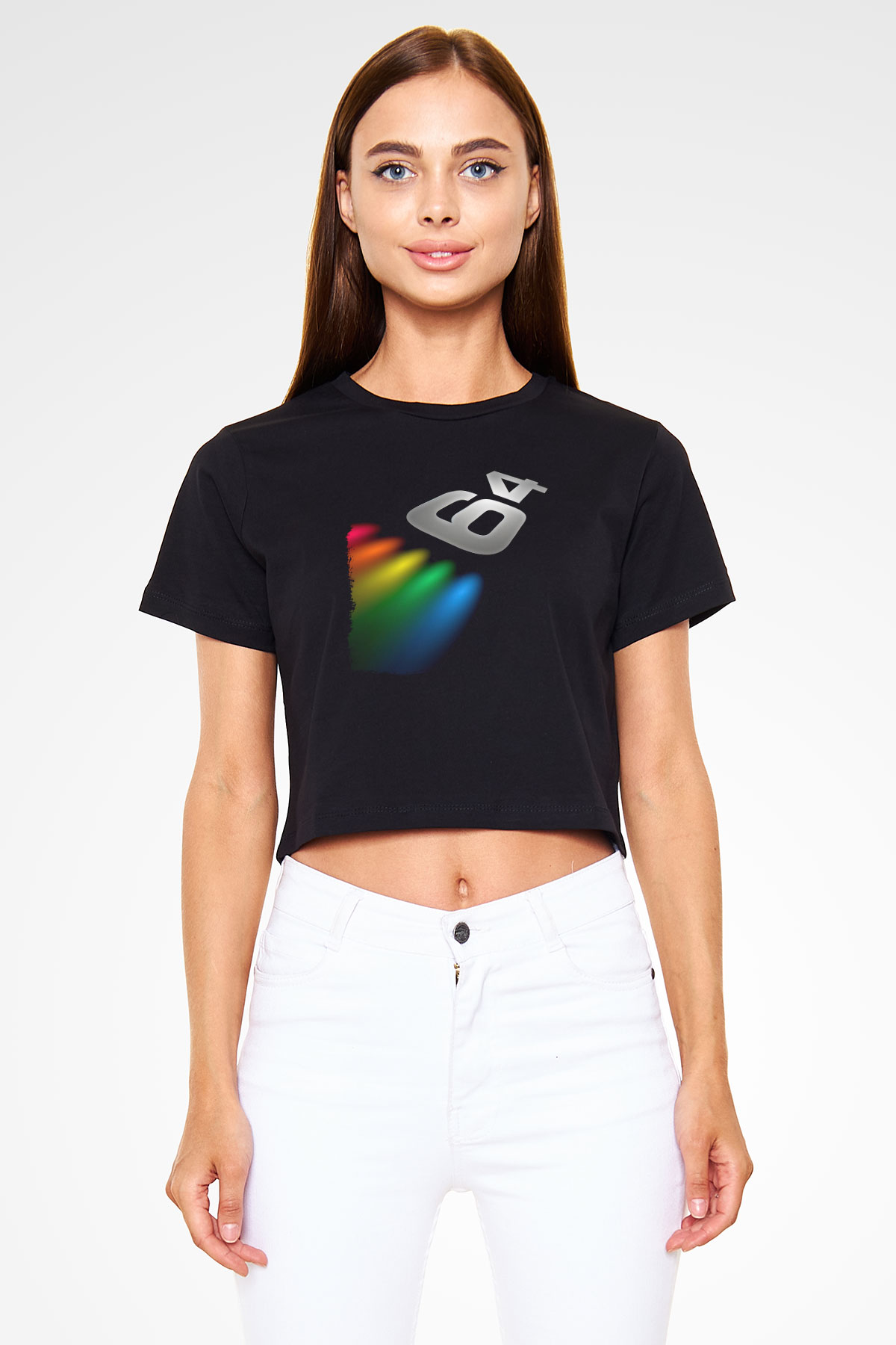 Commodore 64 Baskılı Siyah Crop Top Kadın Tişört - Tshirt