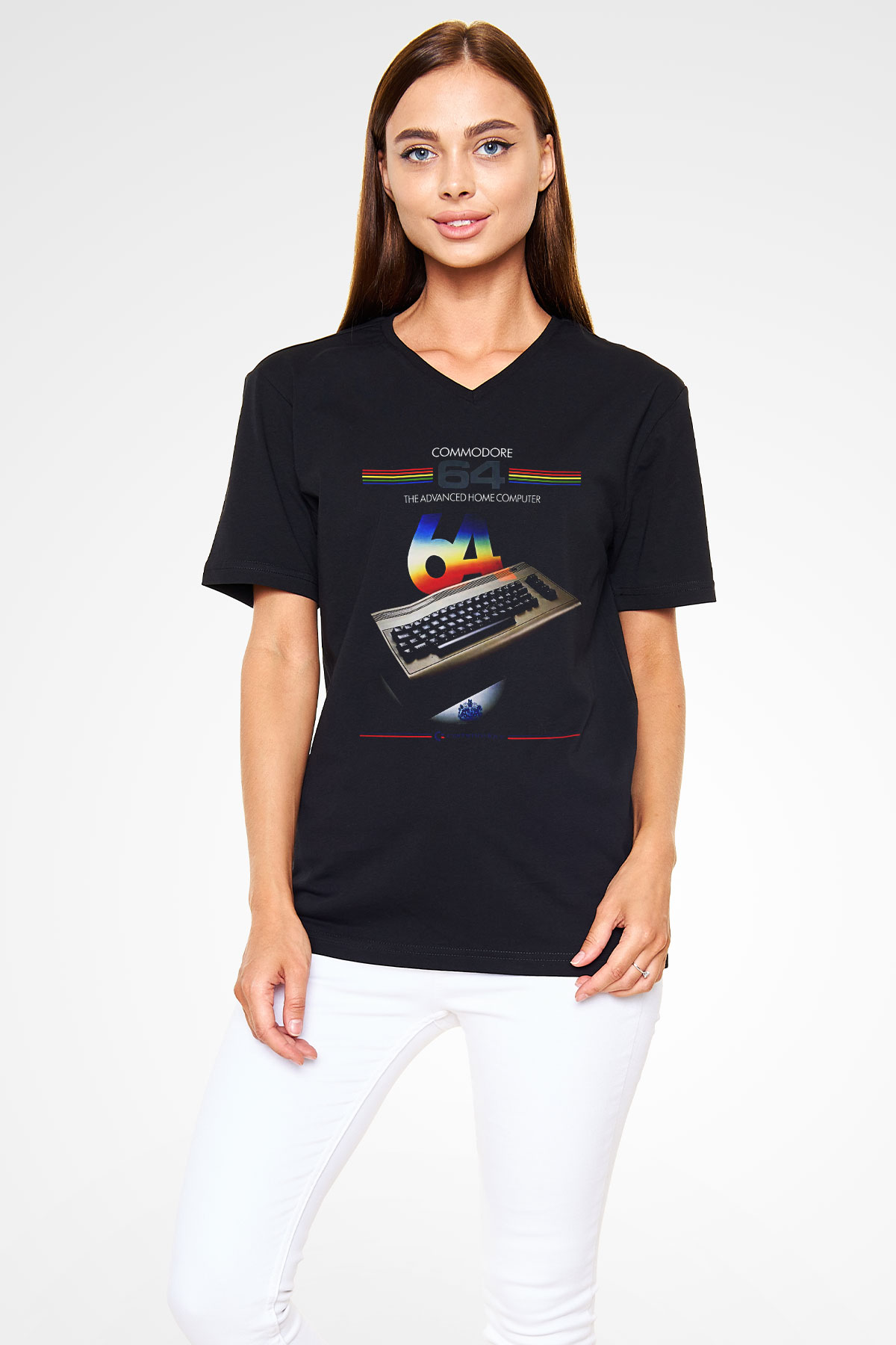 Commodore 64 Baskılı Unisex Siyah V Yaka Tişört - Tshirt