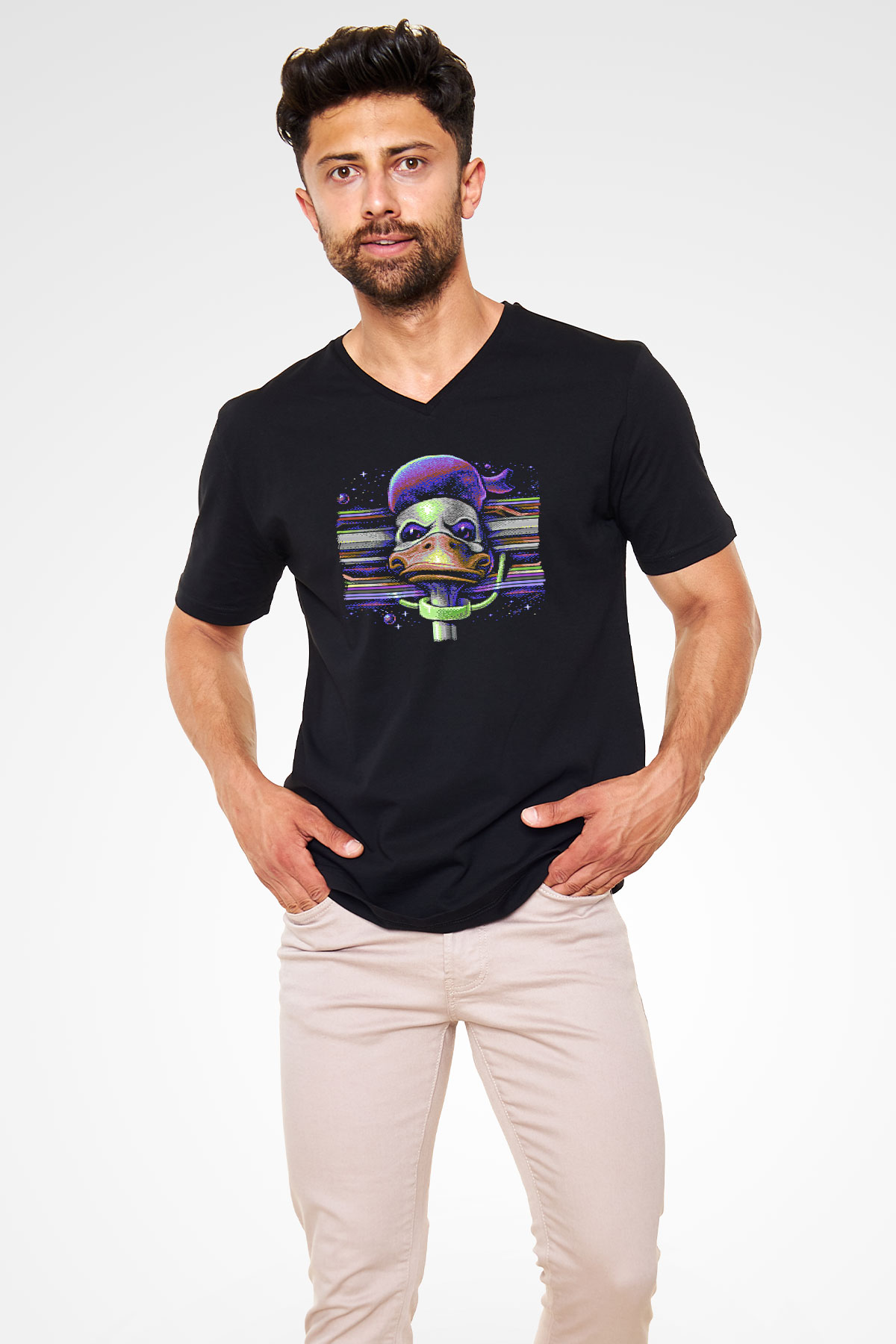 Commodore 64 Baskılı Unisex Siyah V Yaka Tişört - Tshirt