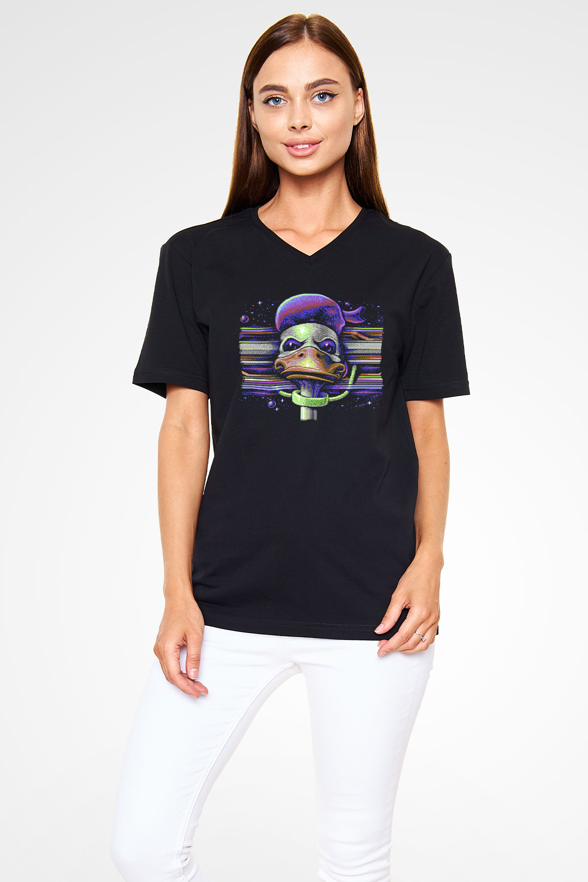 Commodore 64 Baskılı Unisex Siyah V Yaka Tişört - Tshirt