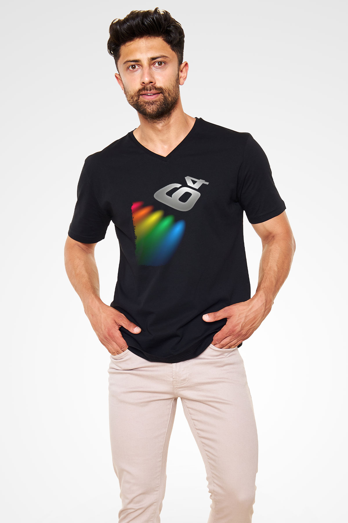Commodore 64 Baskılı Unisex Siyah V Yaka Tişört - Tshirt