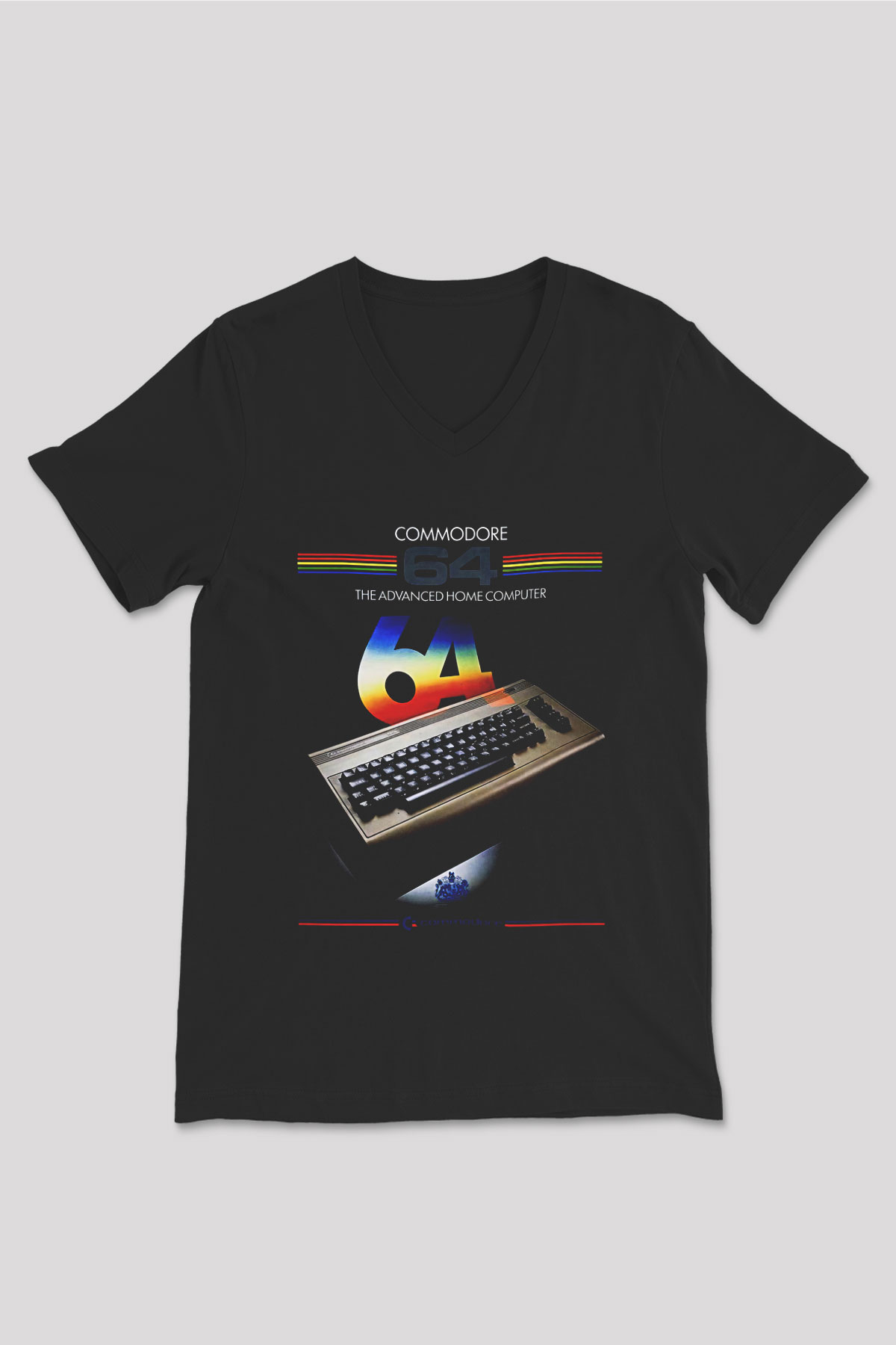 Commodore 64 Baskılı Unisex Siyah V Yaka Tişört - Tshirt