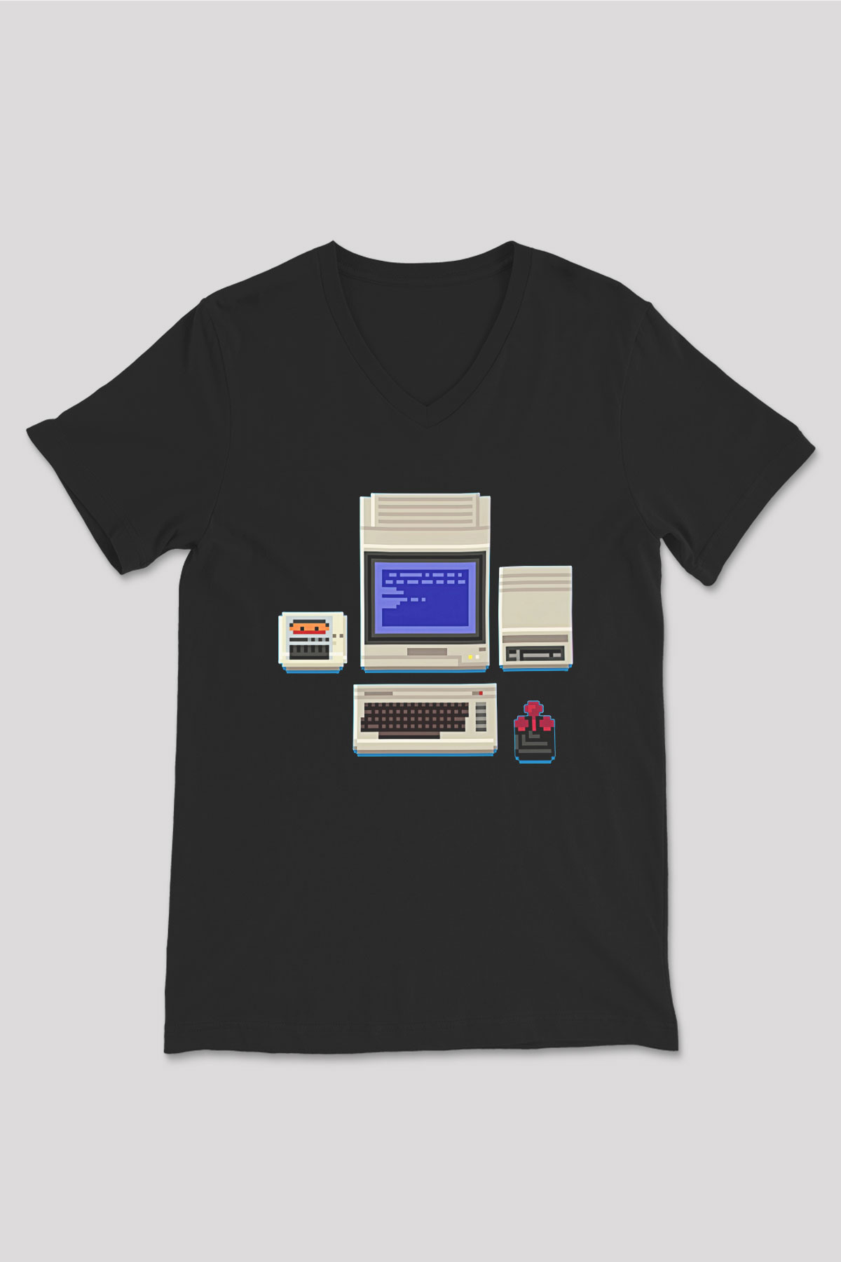 Commodore 64 Baskılı Unisex Siyah V Yaka Tişört - Tshirt