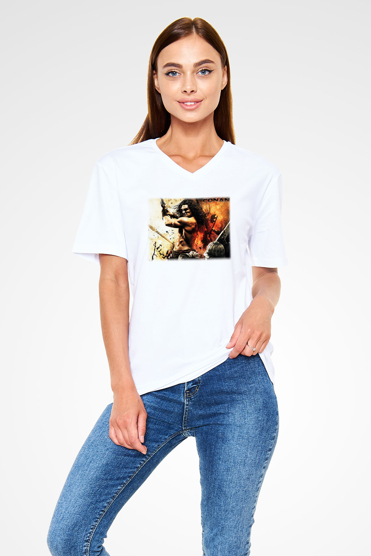 Conan the Barbarian Beyaz Unisex V Yaka Tişört T-Shirt