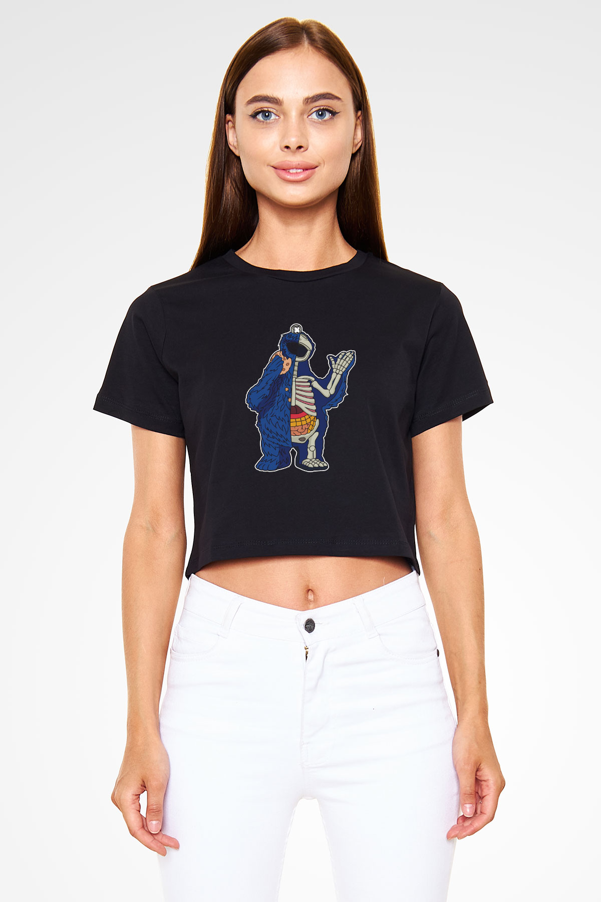 Cookie Monster Baskılı Siyah Kadın Crop Top Tişört