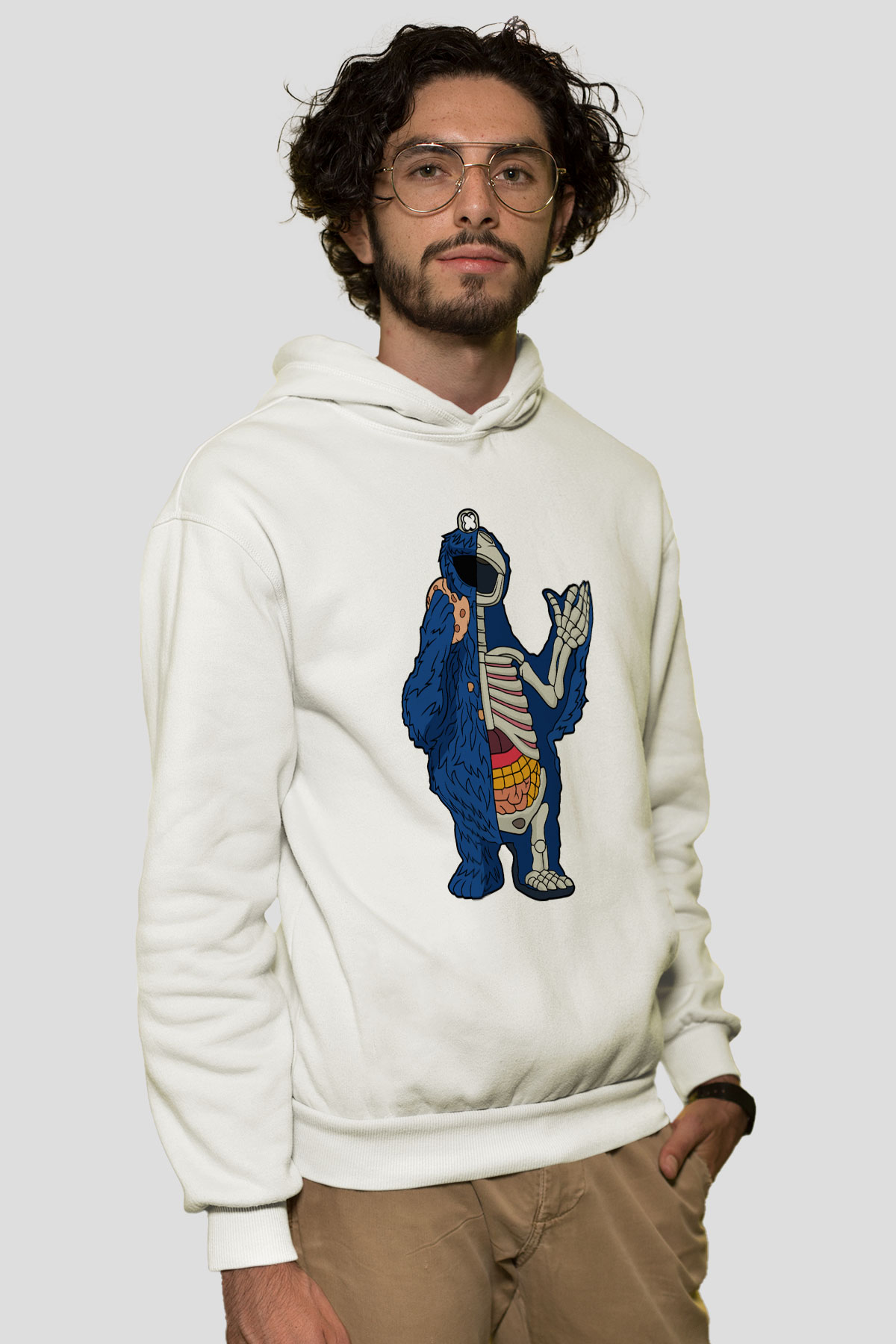 Cookie Monster Baskılı Unisex Beyaz Hoodie