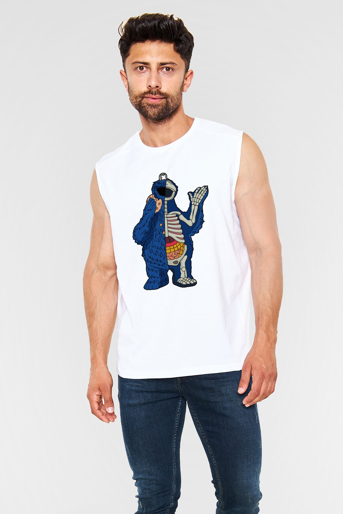 Cookie Monster Baskılı Unisex Beyaz Kolsuz Tişört