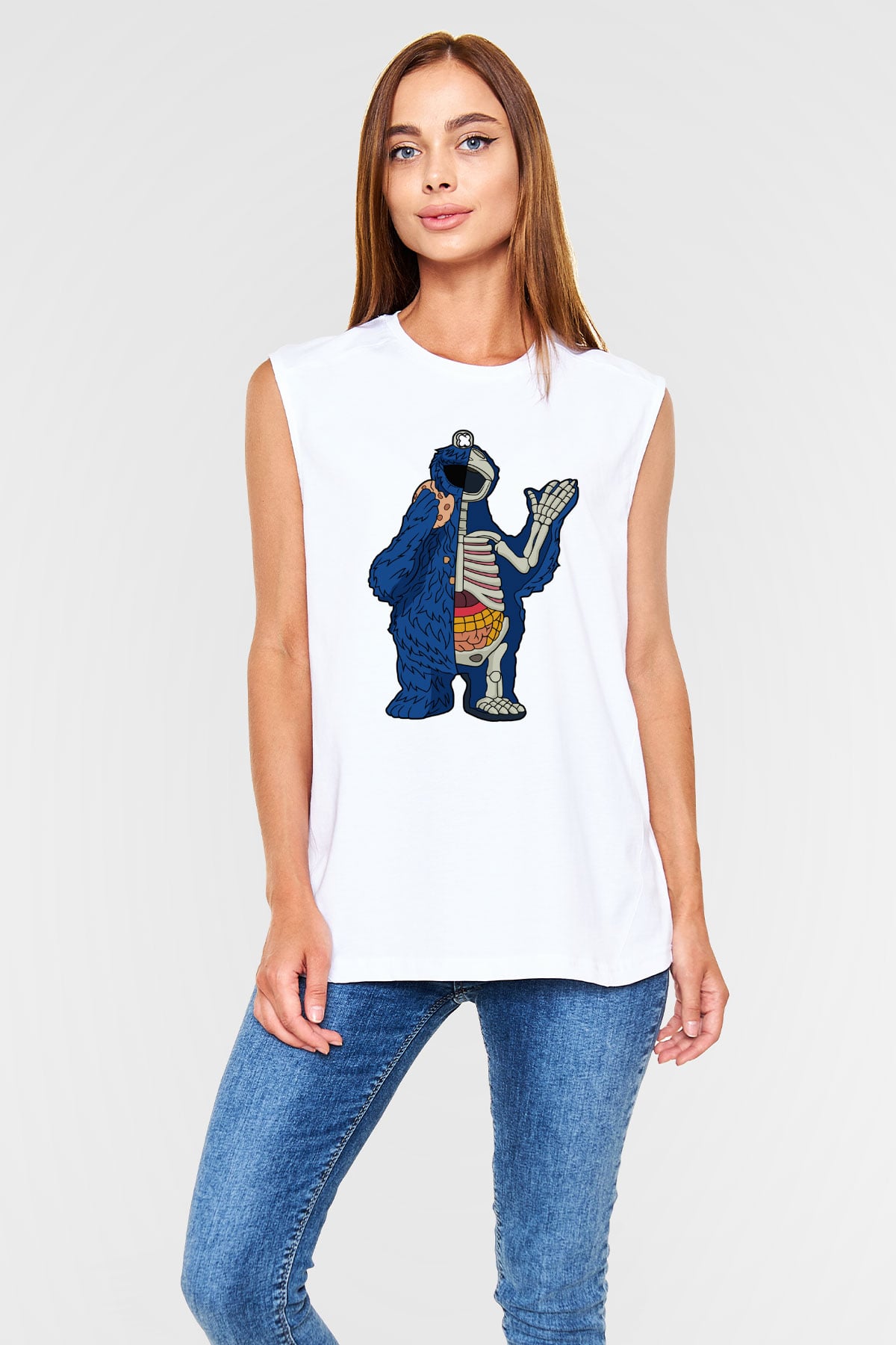 Cookie Monster Baskılı Unisex Beyaz Kolsuz Tişört