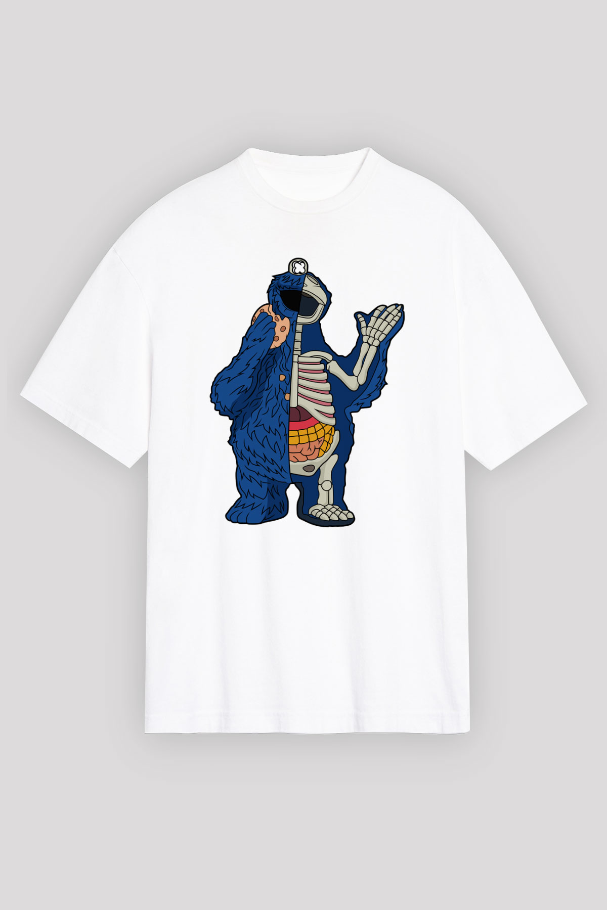Cookie Monster Baskılı Unisex Beyaz Oversize Tişört