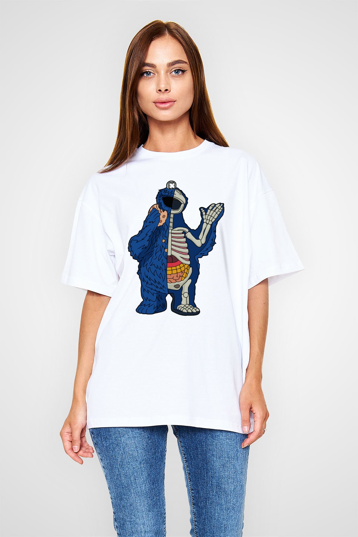 Cookie Monster Baskılı Unisex Beyaz Oversize Tişört