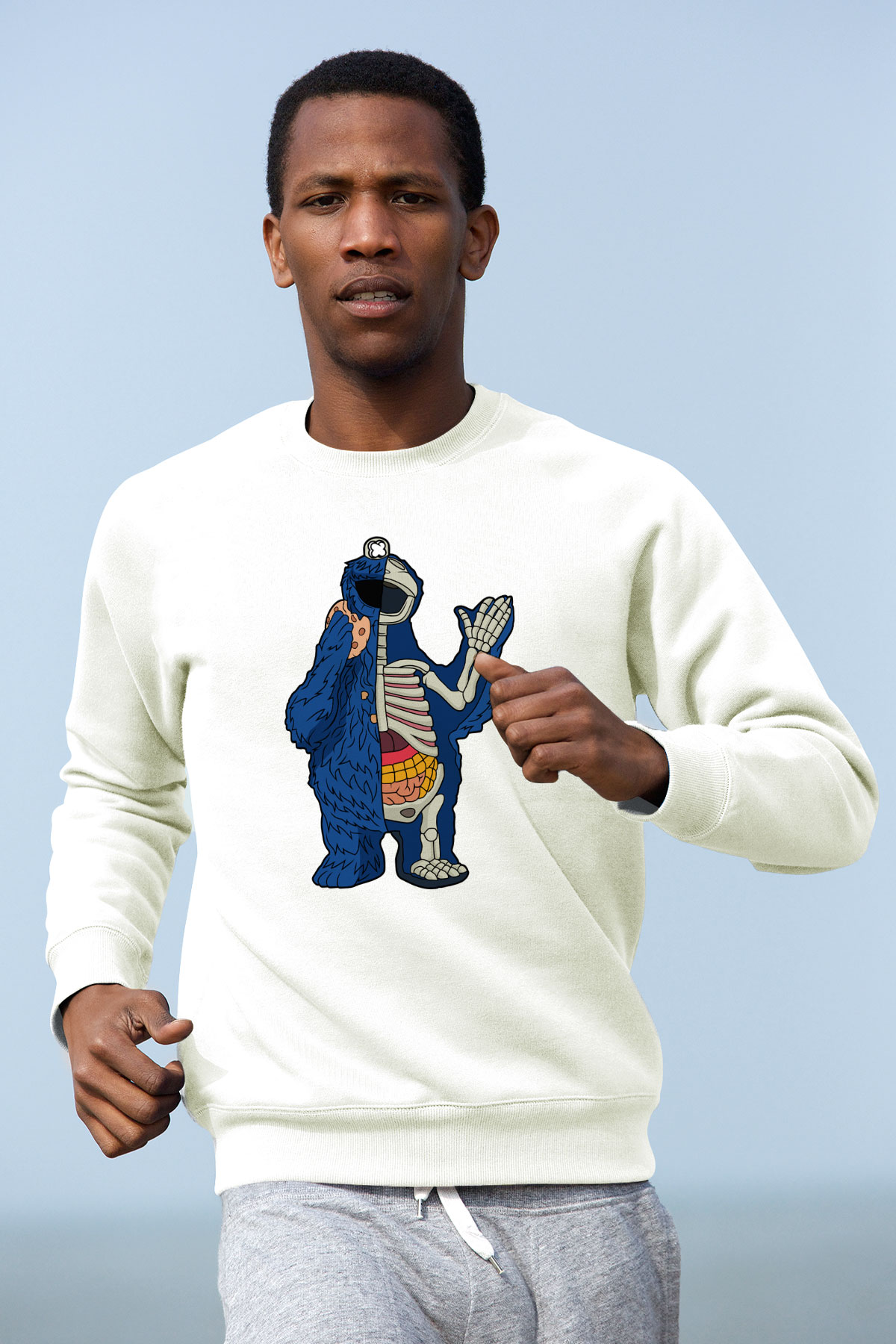 Cookie Monster Baskılı Unisex Beyaz Sweatshirt