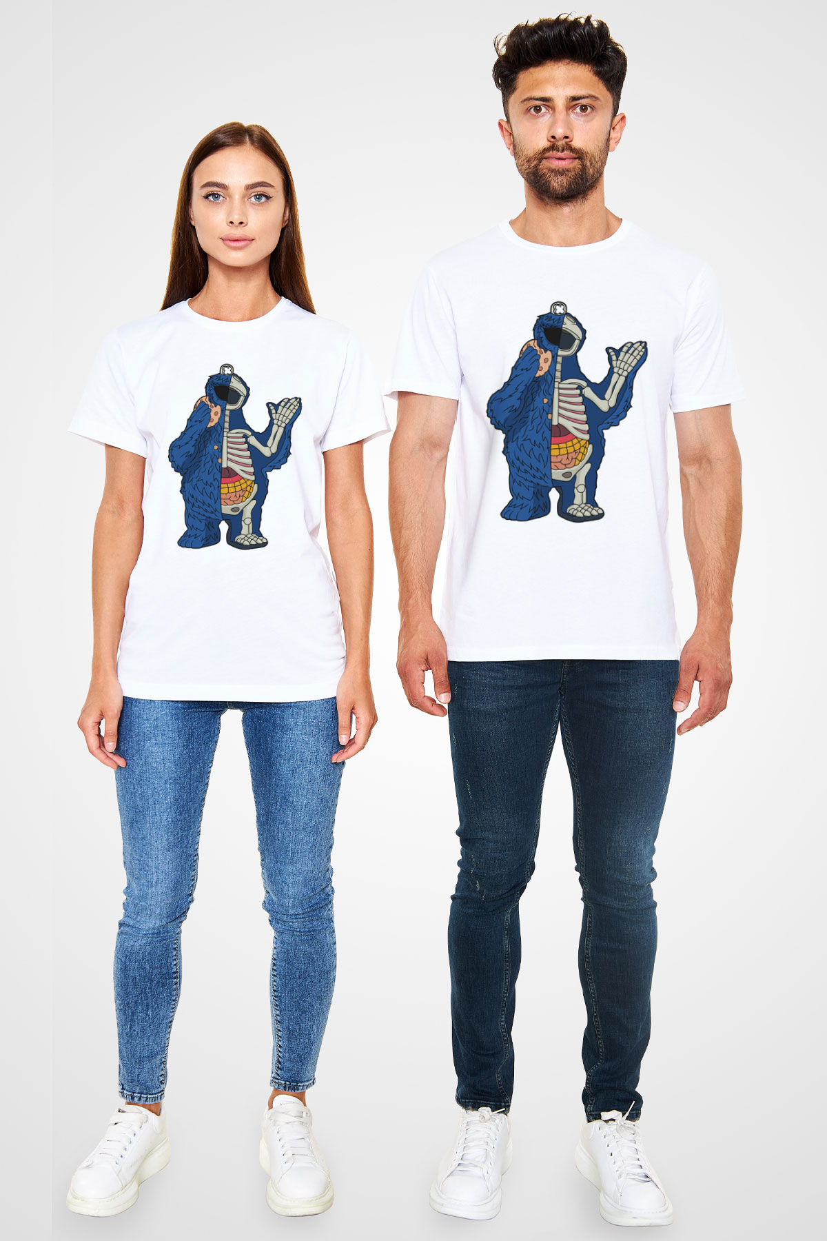 Cookie Monster Baskılı Unisex Beyaz Tişört