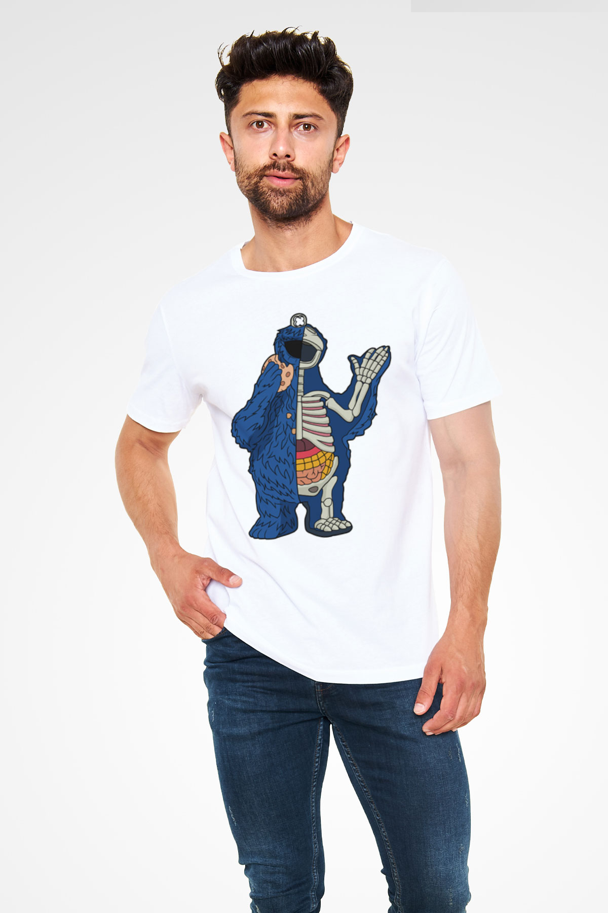 Cookie Monster Baskılı Unisex Beyaz Tişört