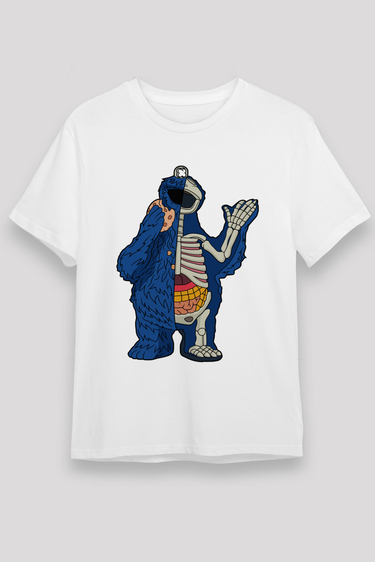 Cookie Monster Baskılı Unisex Beyaz Tişört