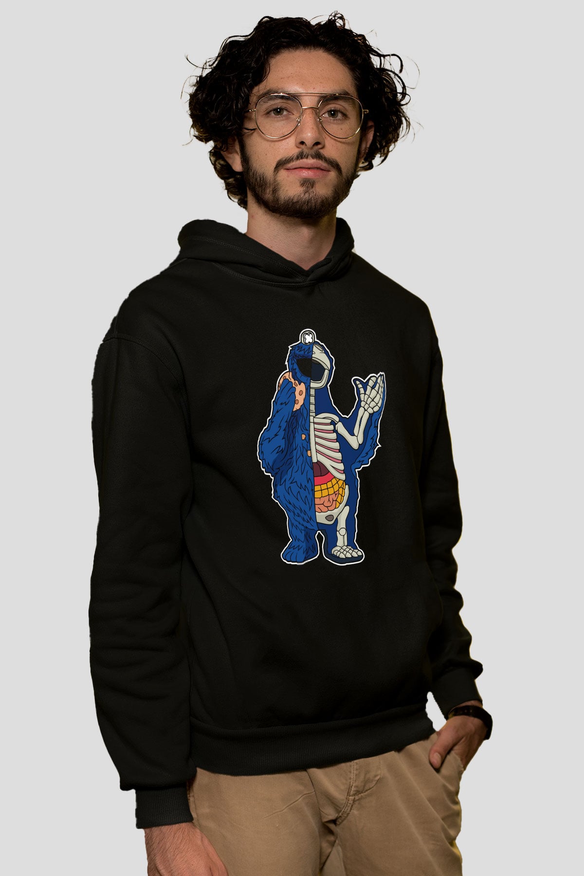 Cookie Monster Baskılı Unisex Siyah Hoodie