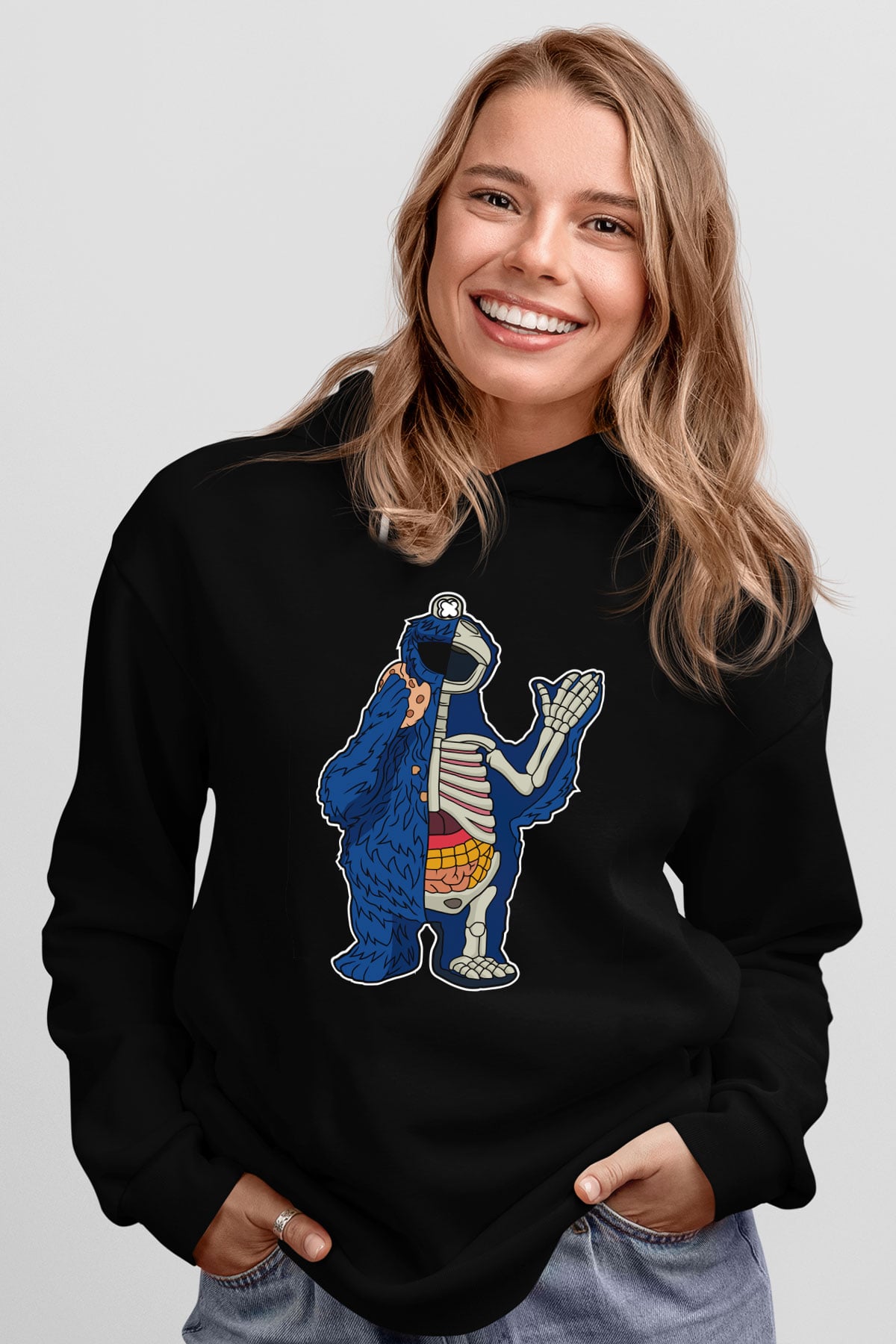 Cookie Monster Baskılı Unisex Siyah Hoodie