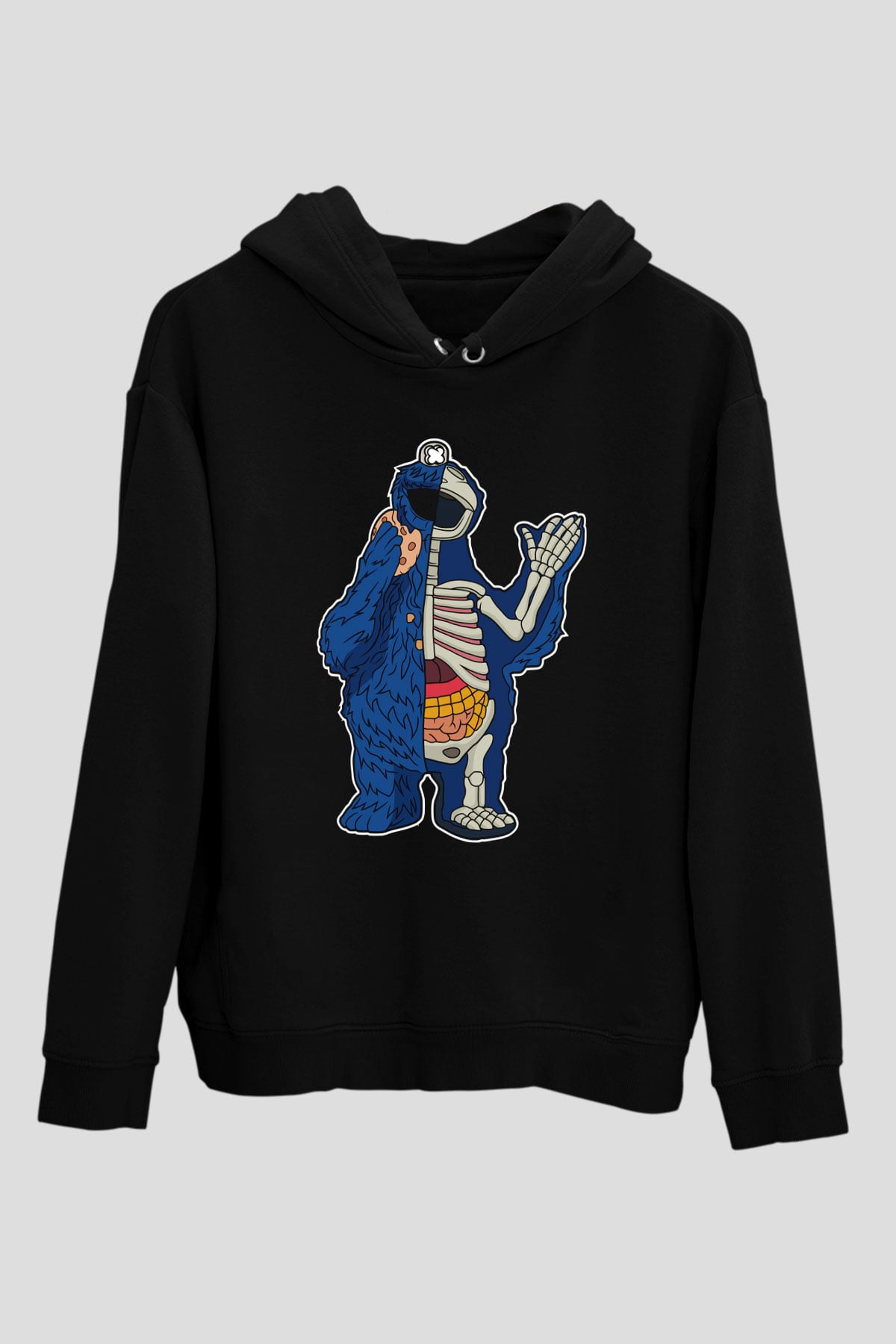 Cookie Monster Baskılı Unisex Siyah Hoodie