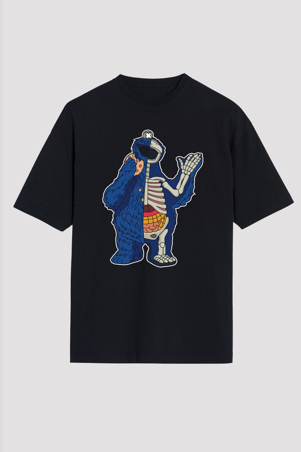 Cookie Monster Baskılı Unisex Siyah Oversize Tişört