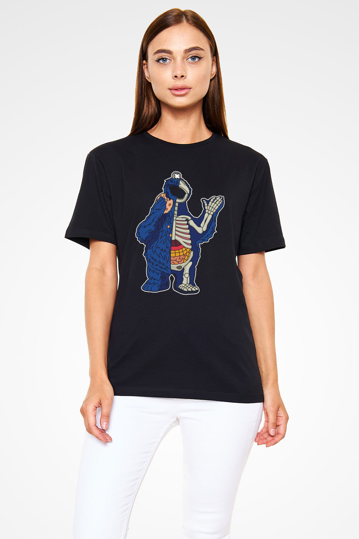 Cookie Monster Baskılı Unisex Siyah Tişört