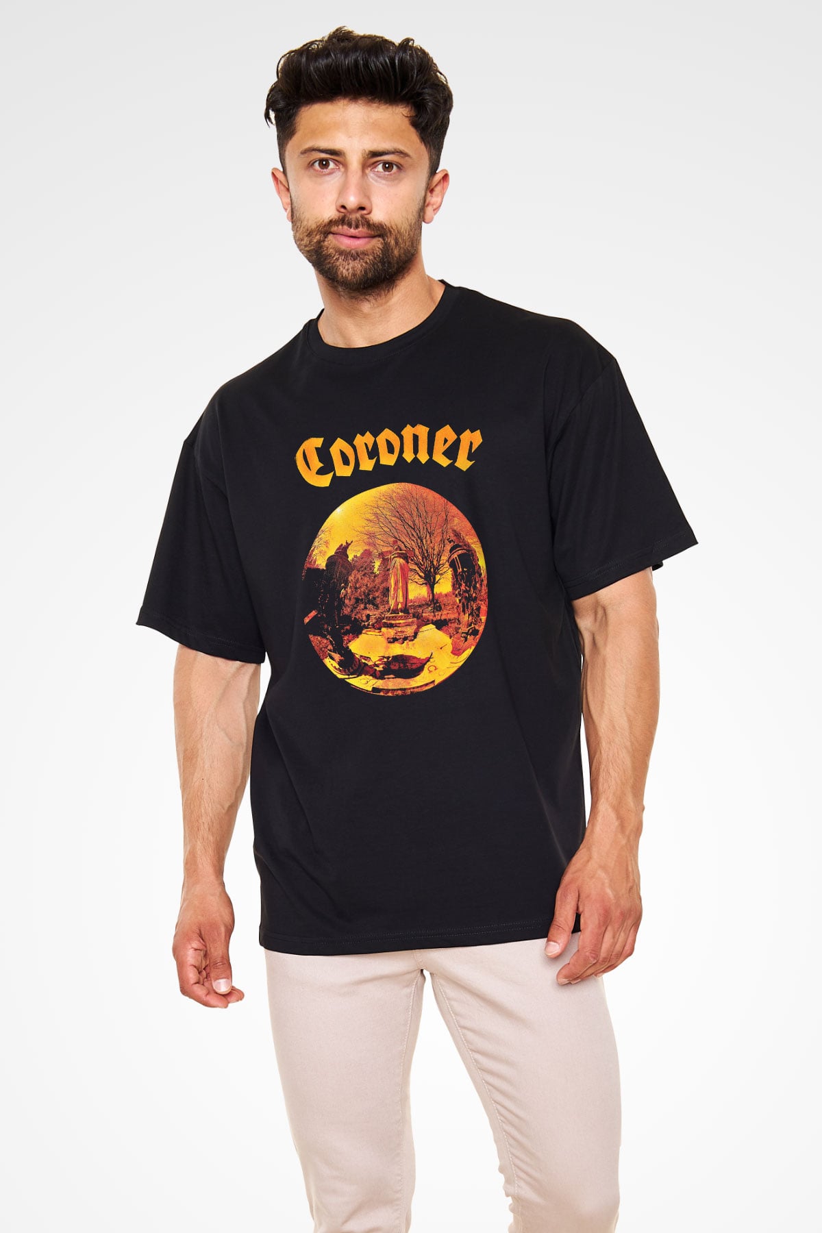 Coroner Baskılı Unisex Siyah Oversize Tişört