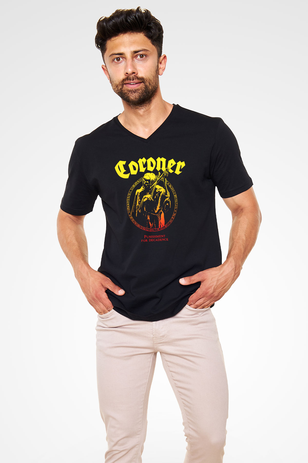 Coroner Siyah Unisex V Yaka Tişört T-Shirt