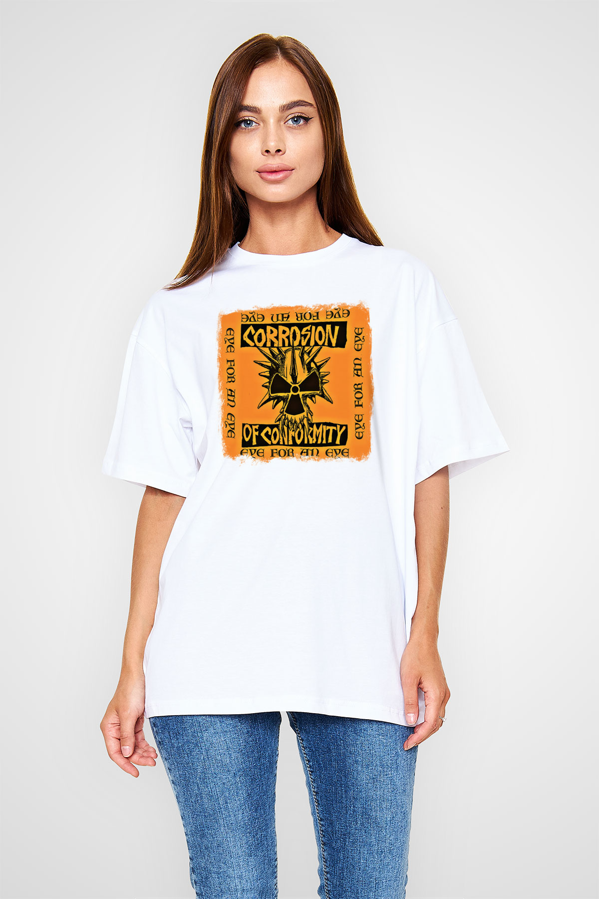 Corrosion of Conformity Baskılı Unisex Beyaz Oversize Tişört
