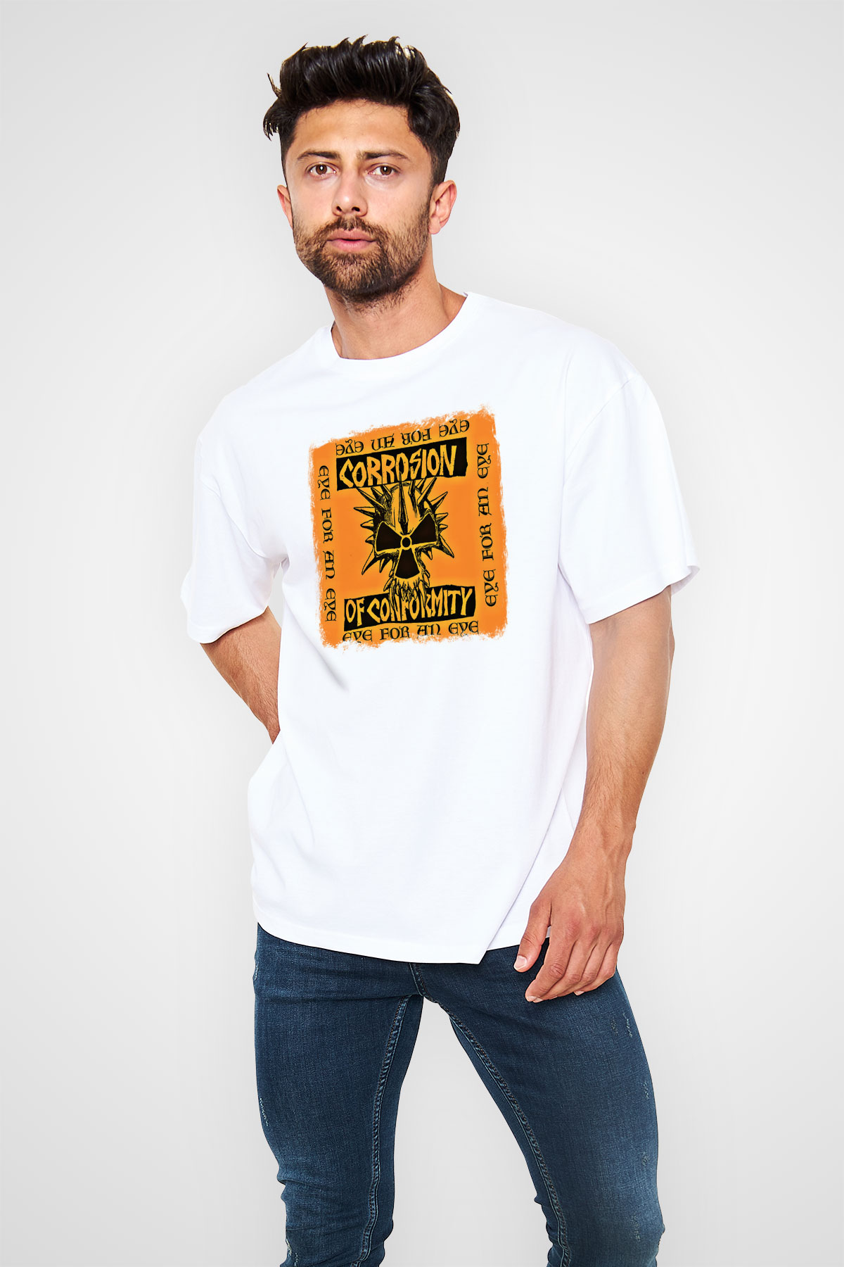 Corrosion of Conformity Baskılı Unisex Beyaz Oversize Tişört