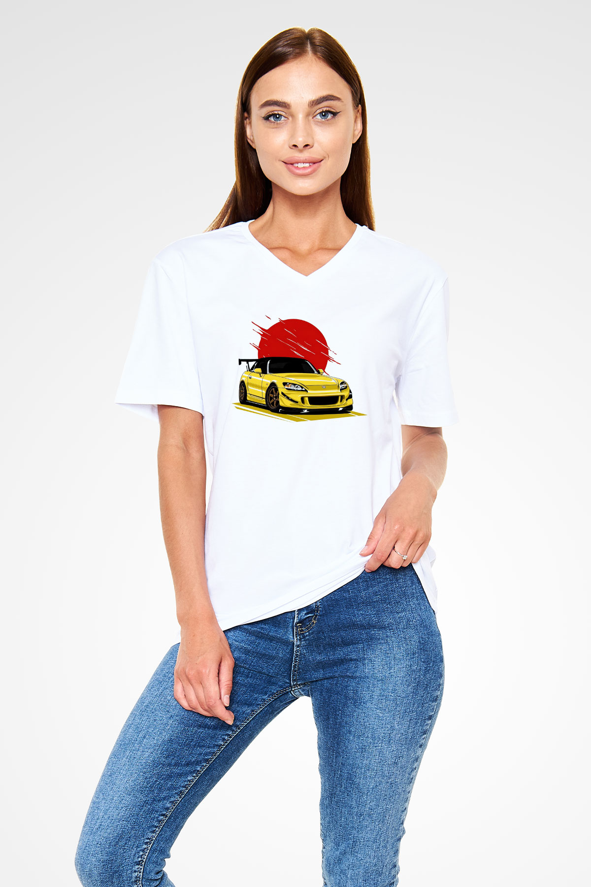 Corvette Baskılı Unisex Beyaz  V Yaka Tişört