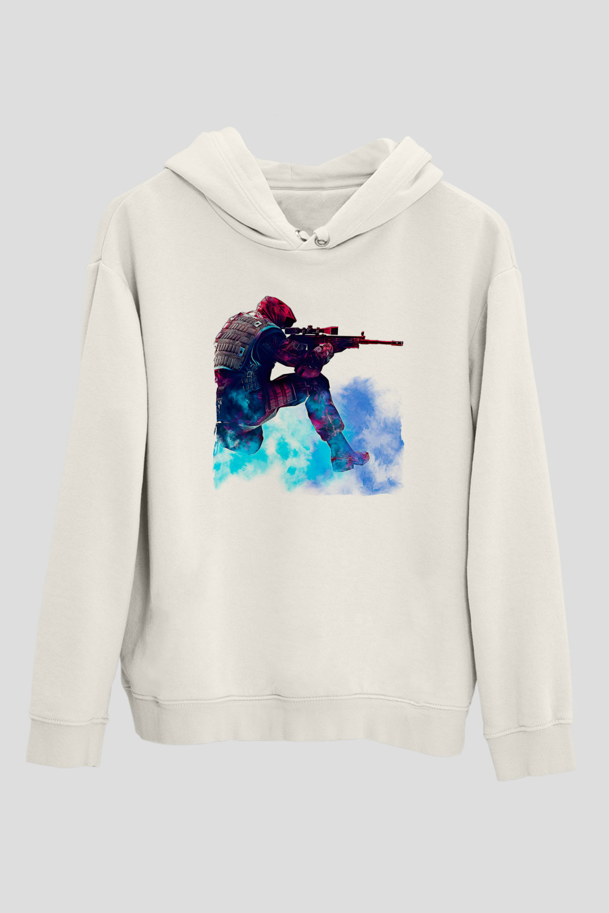 Counter Strike Baskılı Beyaz Unisex Kapüşonlu Sweatshirt
