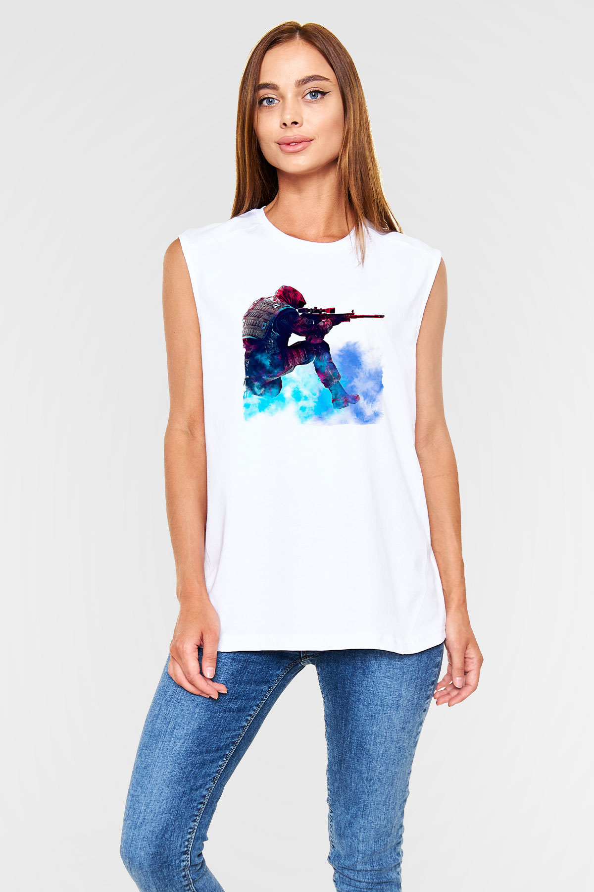 Counter Strike Baskılı Beyaz Unisex Kolsuz Tişört - Tshirt