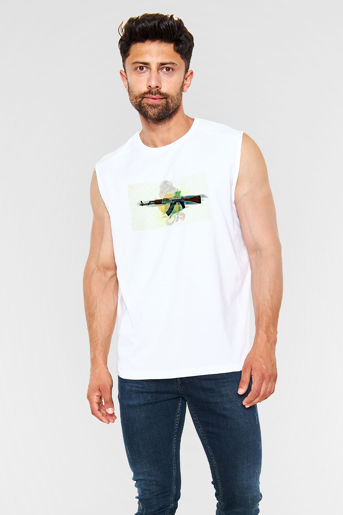 Counter Strike Baskılı Beyaz Unisex Kolsuz Tişört - Tshirt
