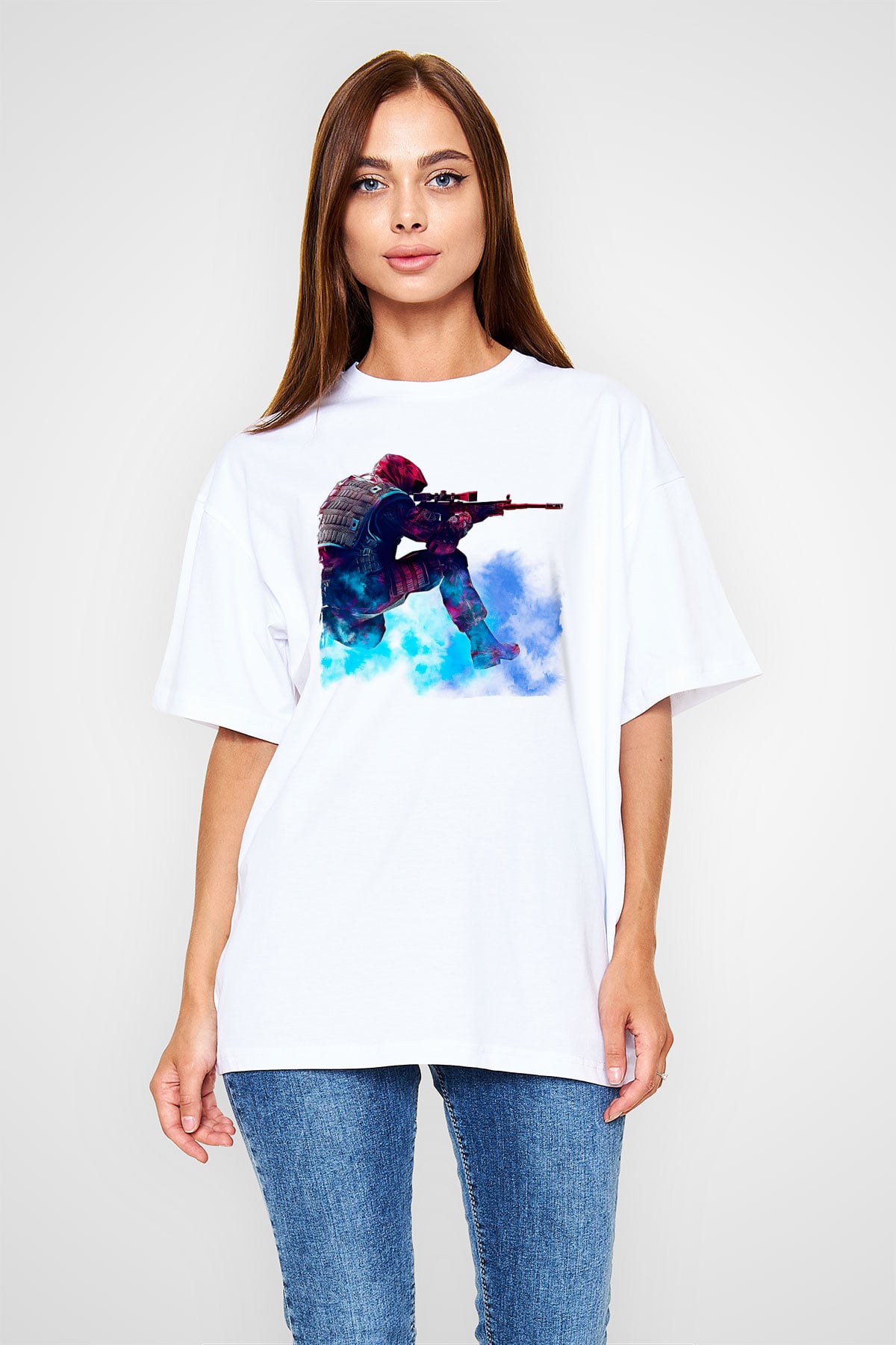 Counter Strike Baskılı Beyaz Unisex Oversize Tişört - Tshirt