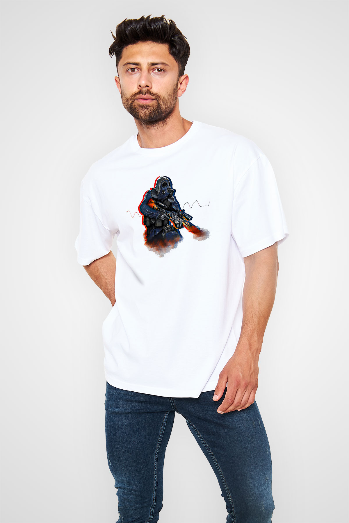 Counter Strike Baskılı Beyaz Unisex Oversize Tişört - Tshirt