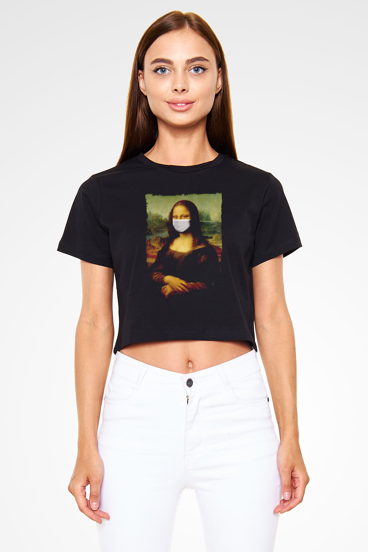 Covid Korona Mona Lisa Baskılı  Siyah  Crop Top Tişört