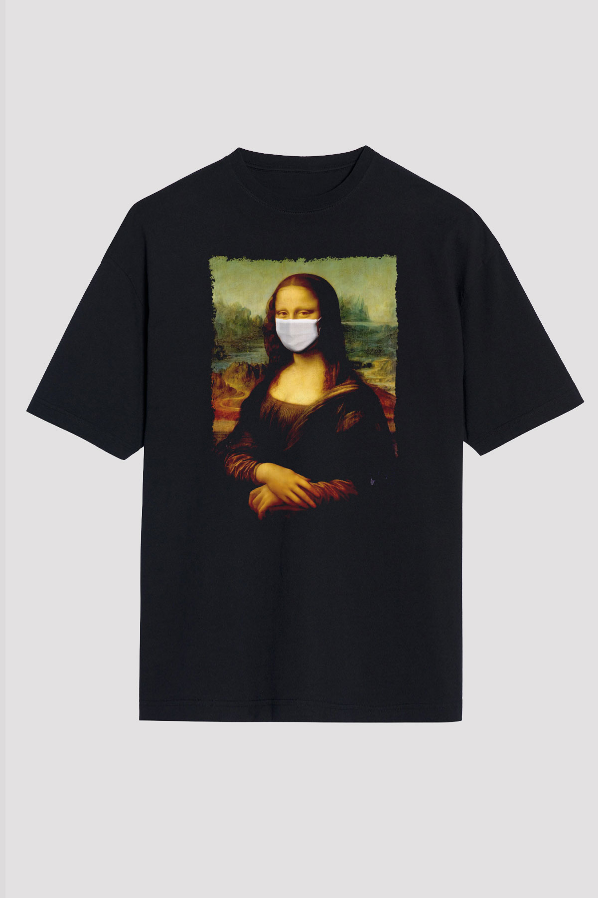 Covid Korona Mona Lisa Baskılı Oversize Siyah Tişört