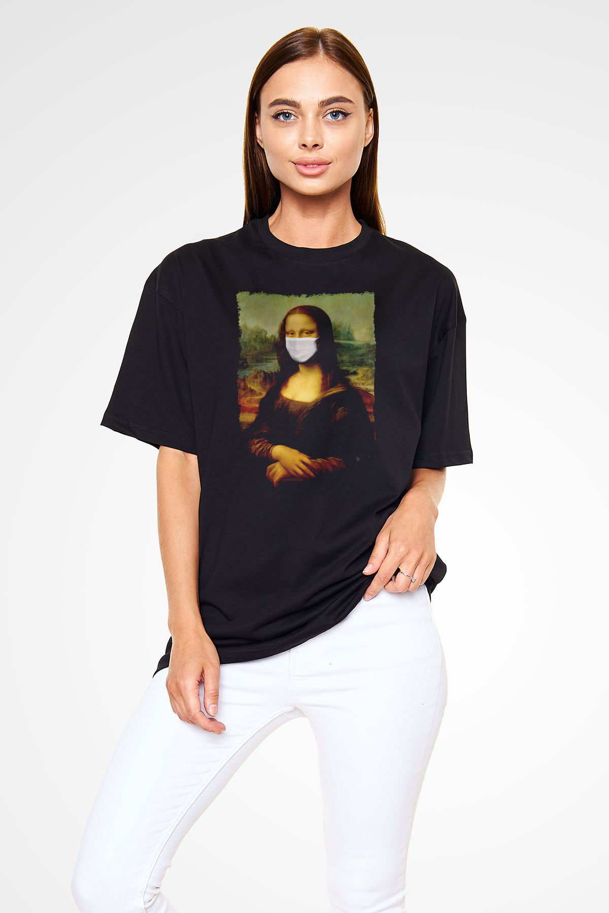 Covid Korona Mona Lisa Baskılı Oversize Siyah Tişört