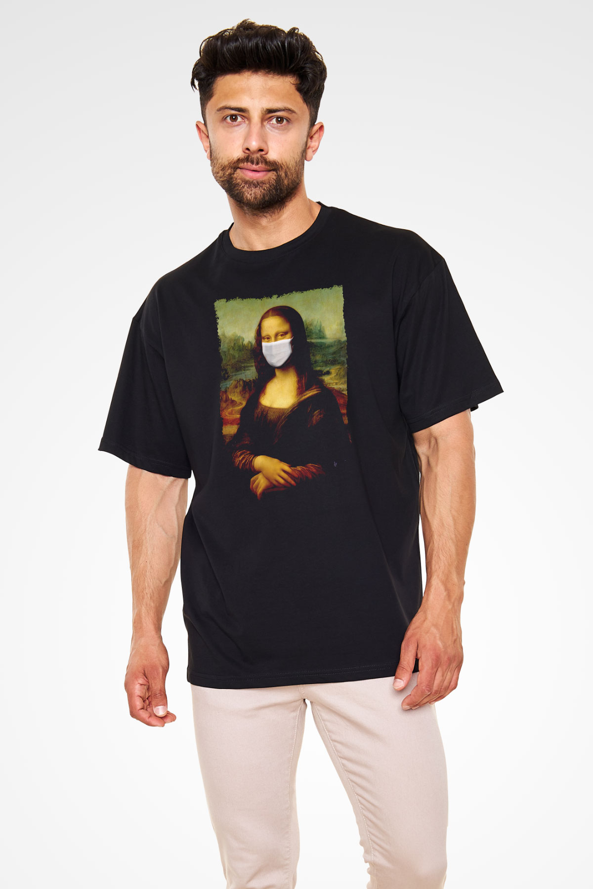Covid Korona Mona Lisa Baskılı Oversize Siyah Tişört