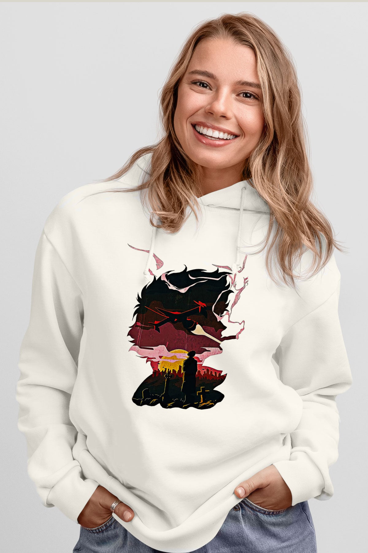 Cowboy Bebop Baskılı Beyaz Unisex Hoodie
