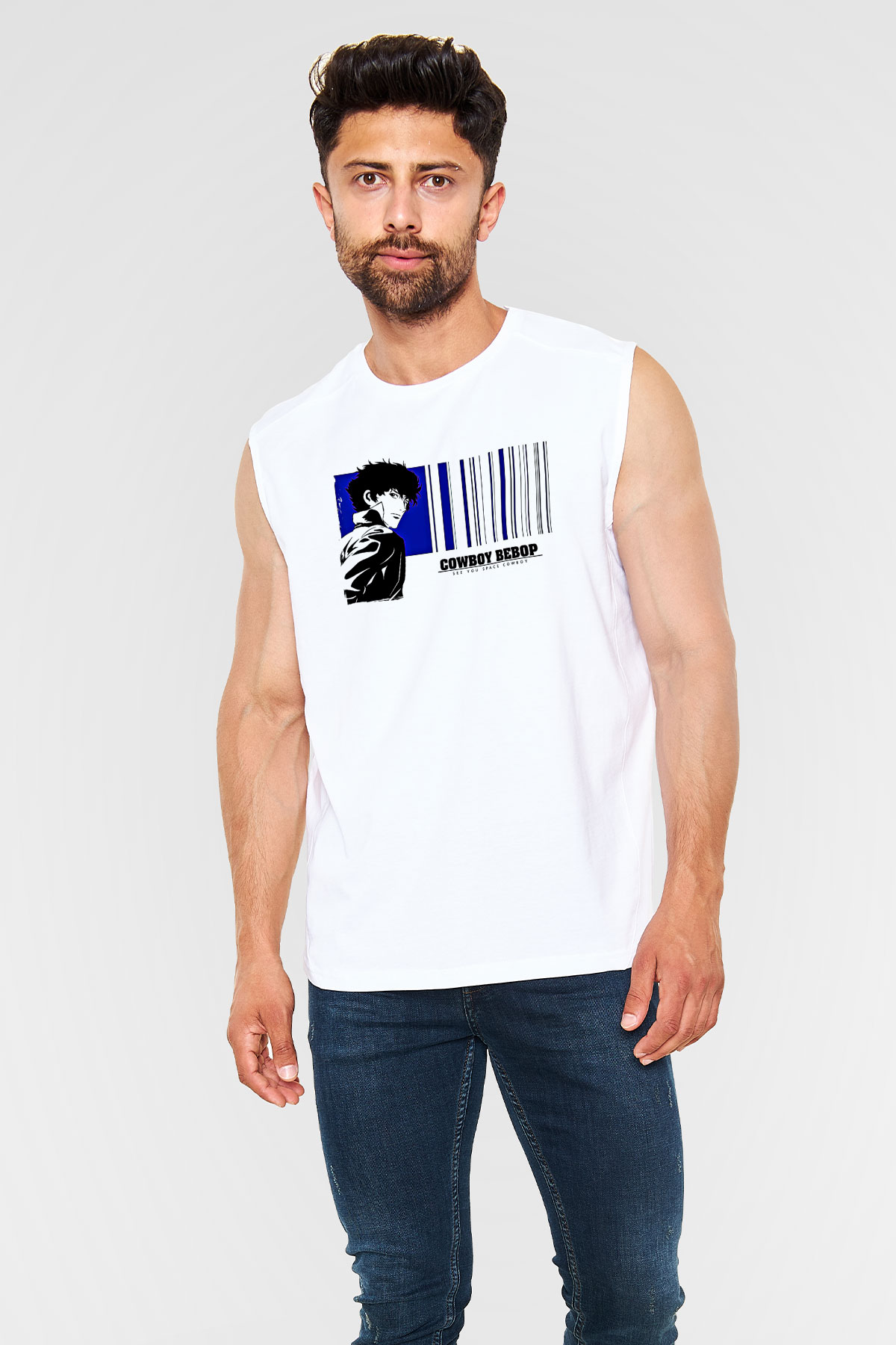 Cowboy Bebop Baskılı Beyaz Unisex Kolsuz Tişört - Tshirt