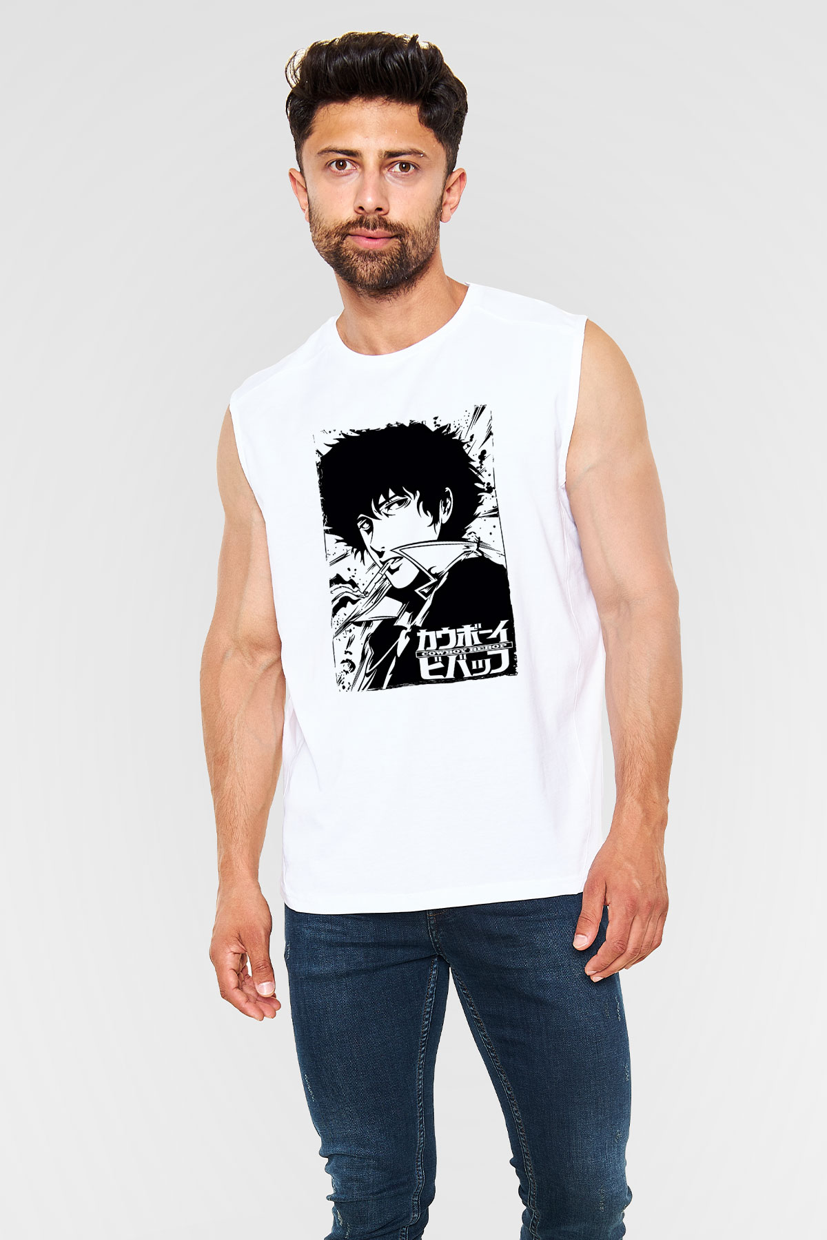 Cowboy Bebop Baskılı Beyaz Unisex Kolsuz Tişört - Tshirt
