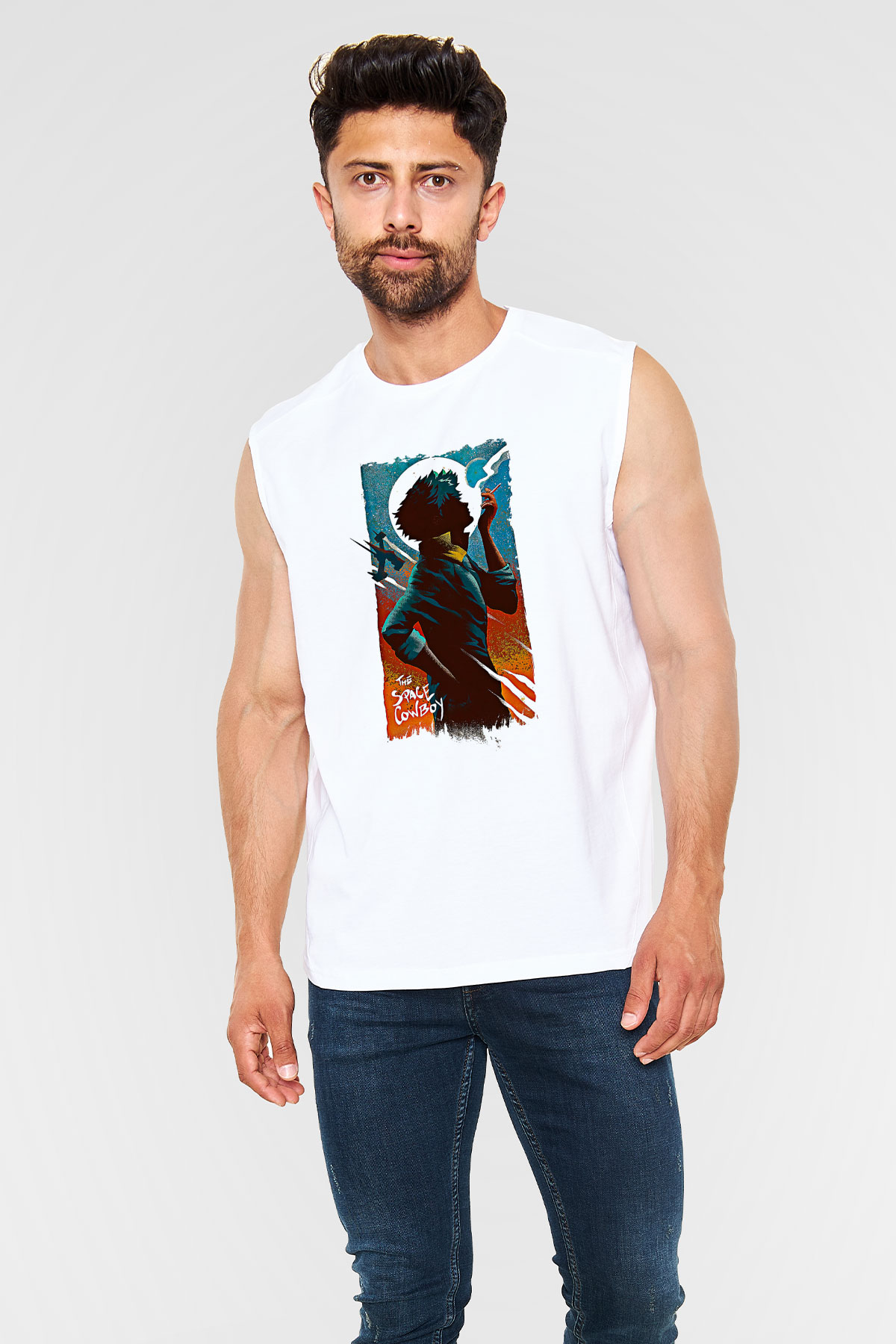 Cowboy Bebop Baskılı Beyaz Unisex Kolsuz Tişört - Tshirt