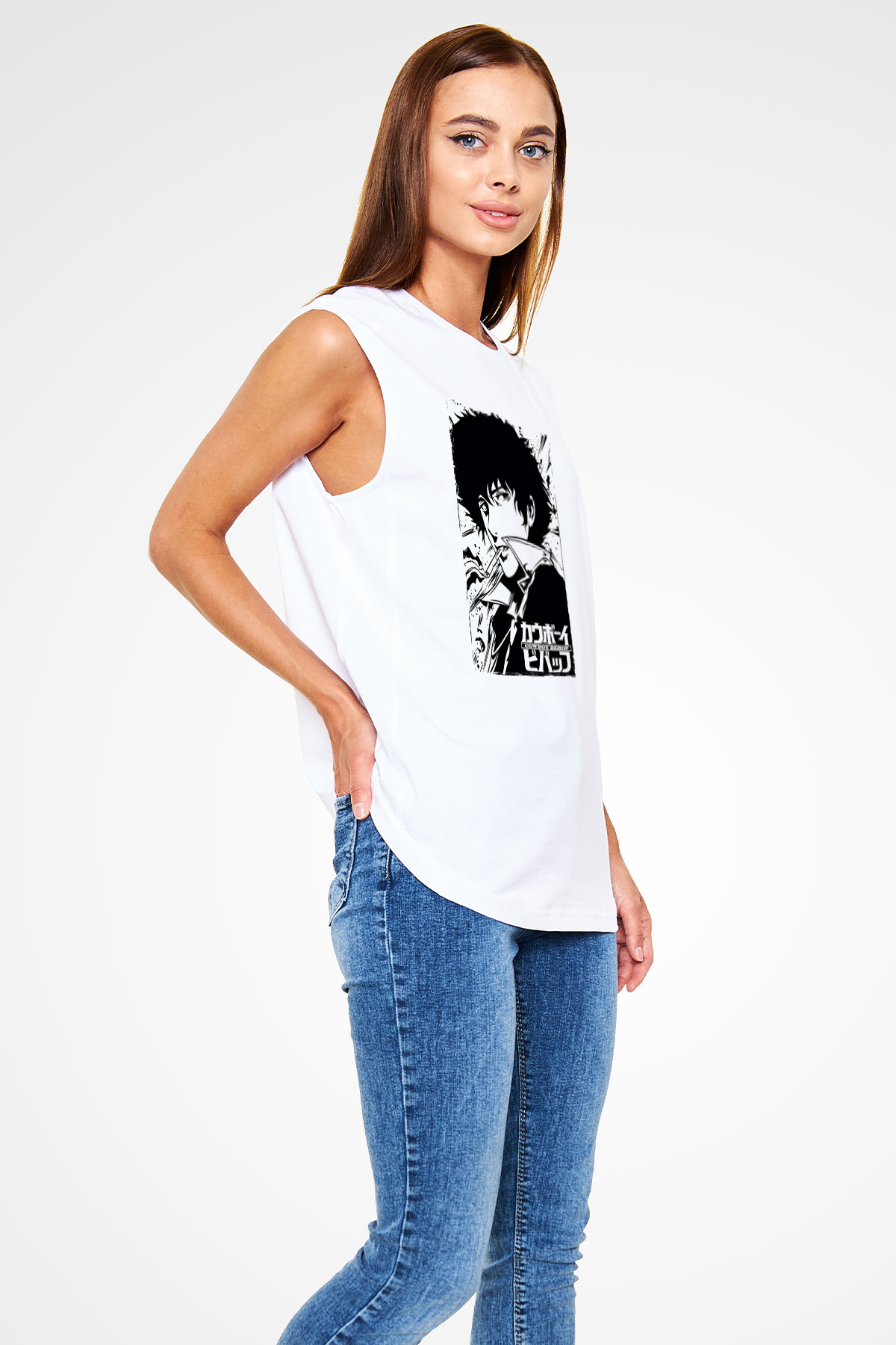 Cowboy Bebop Baskılı Beyaz Unisex Kolsuz Tişört - Tshirt
