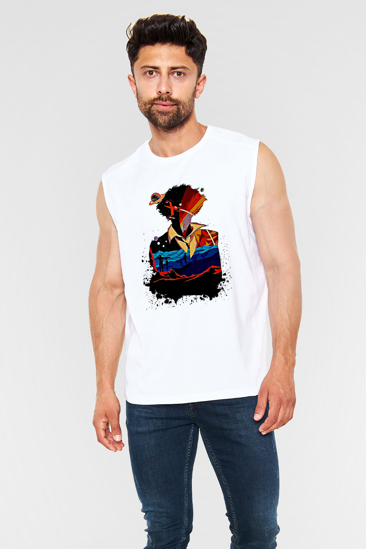 Cowboy Bebop Baskılı Beyaz Unisex Kolsuz Tişört - Tshirt