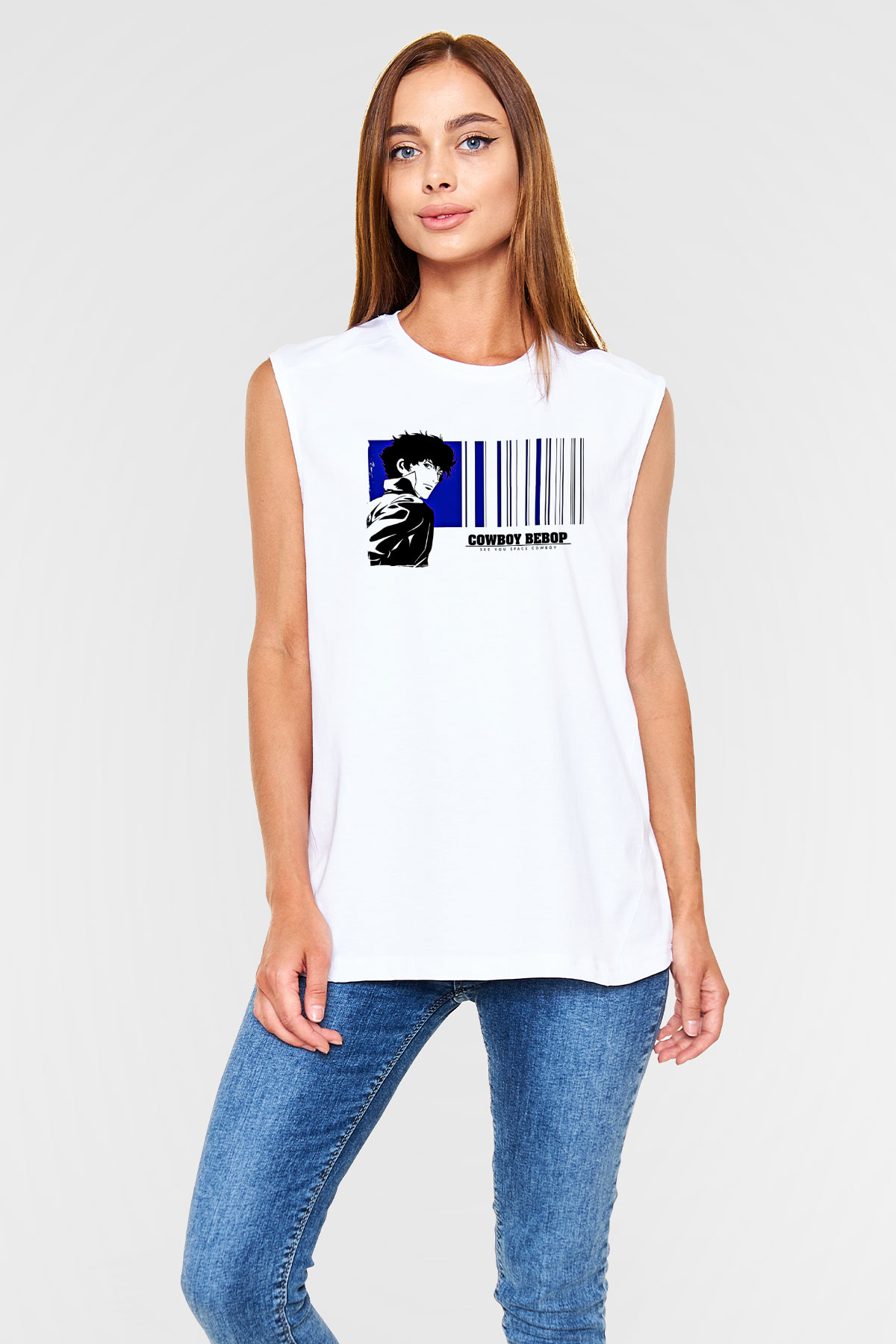 Cowboy Bebop Baskılı Beyaz Unisex Kolsuz Tişört - Tshirt