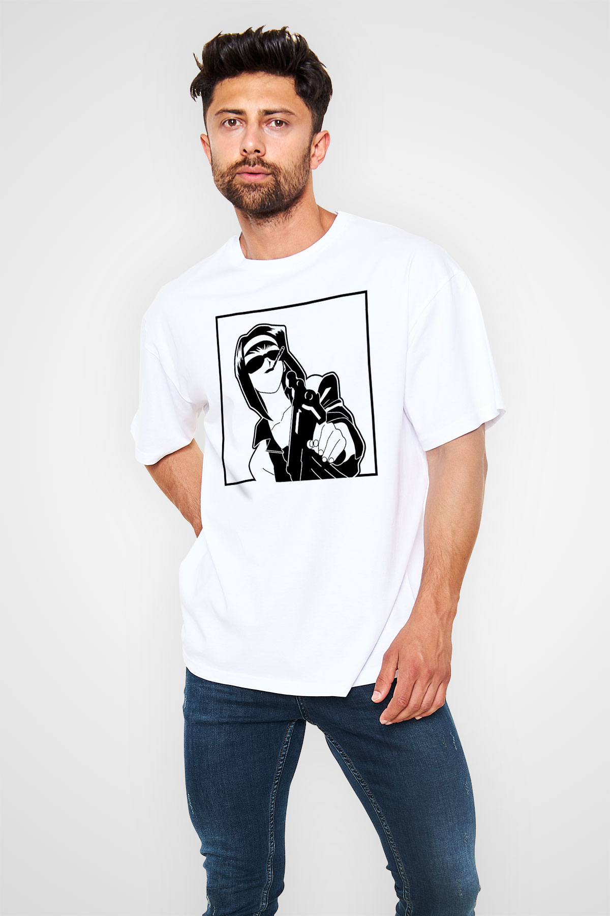 Cowboy Bebop Baskılı Beyaz Unisex Oversize Tişört - Tshirt